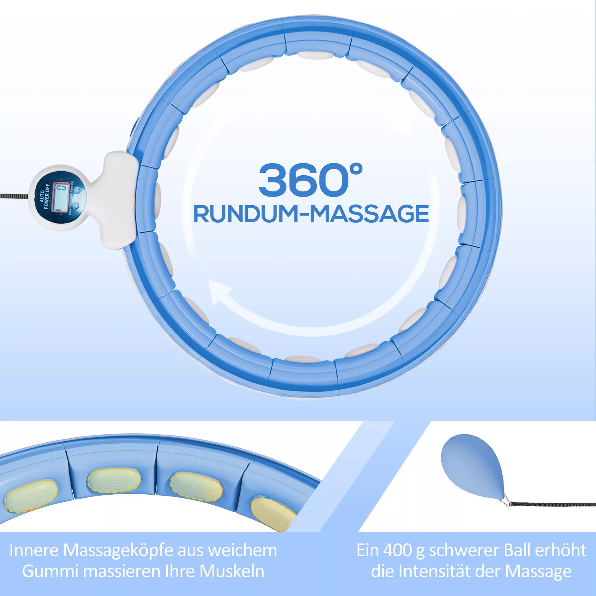 Išmanusis Hula Hoop lankas suaugusiems su svorio kamuoliuku, skaitliuku, 16 segmentų (76-113cm), šviesiai mėlynas