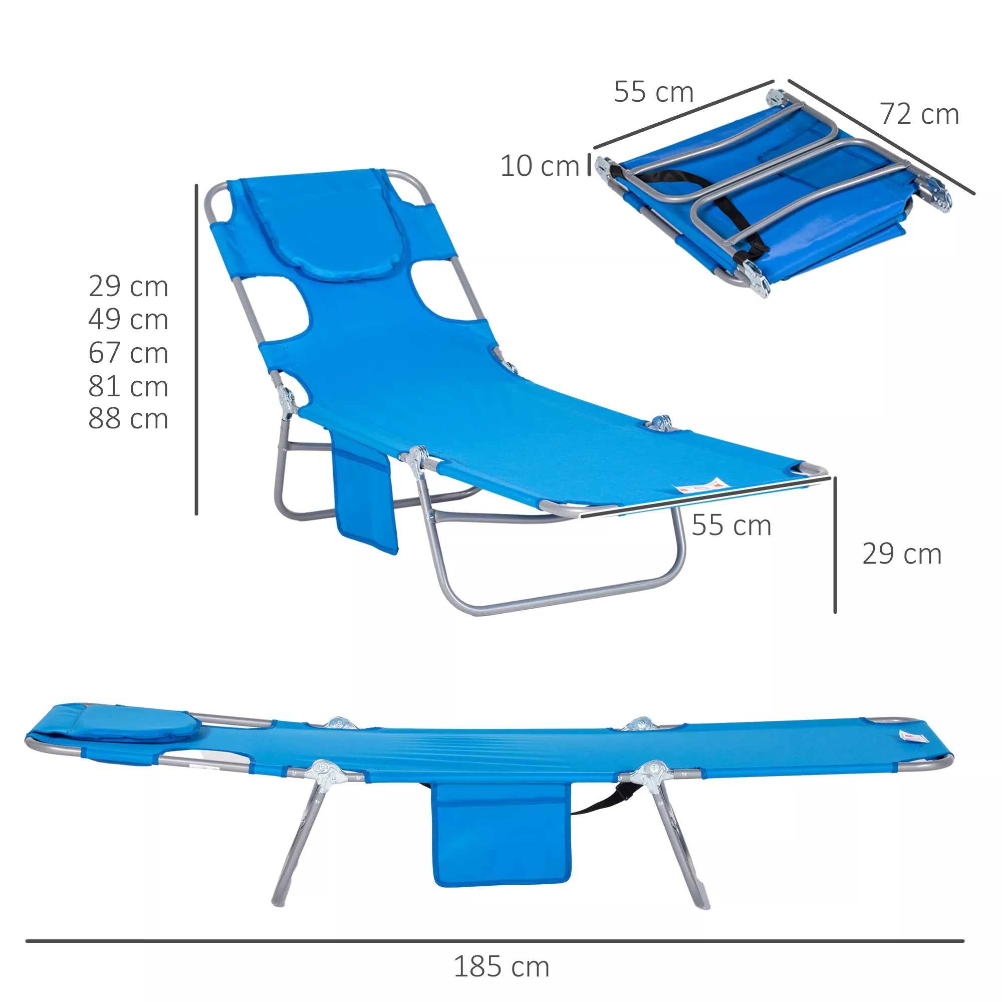 Matmenų schema: ilgis 185 cm, plotis 55 cm, sulankstyto dydžio 55x72x10 cm