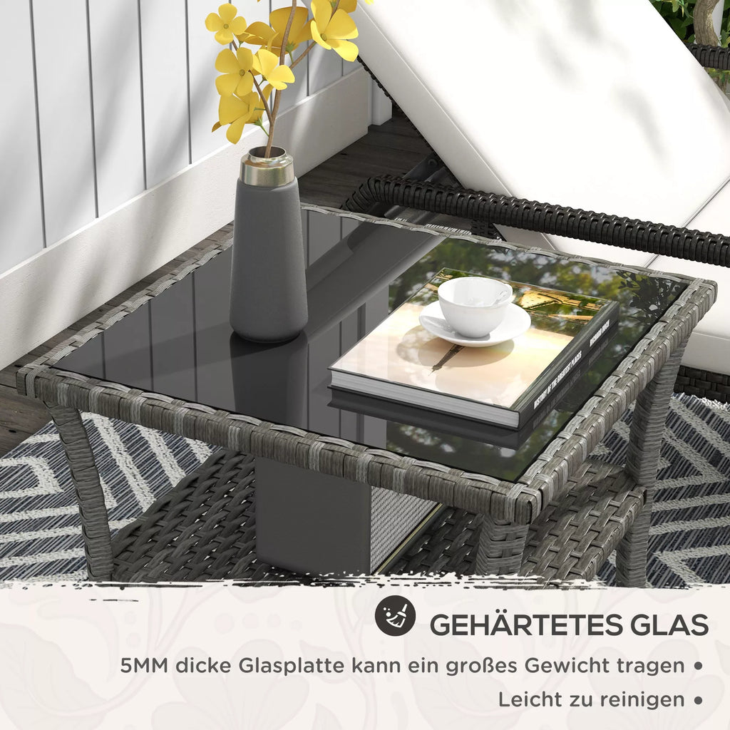 Polyrattan sodo stalas, 50 x 50 x 45 cm, atsparus atmosferos poveikiui, pagalbinis stalas 4 asmenims, kvadratinis su stikliniu stalviršiu