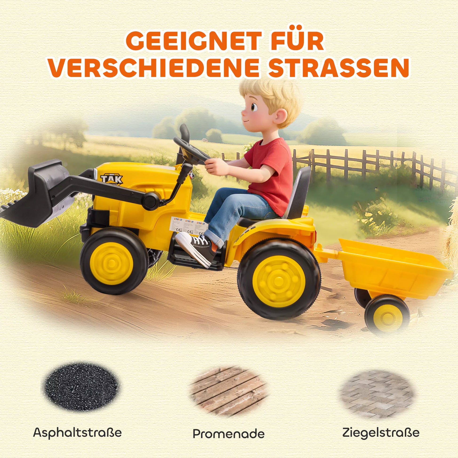 Elektrinis statybinis transporto priemonė su sėdynėle, žaislinis ekskavatorius su priekaba, 3–8 metai, plastikas, plienas, geltona spalva