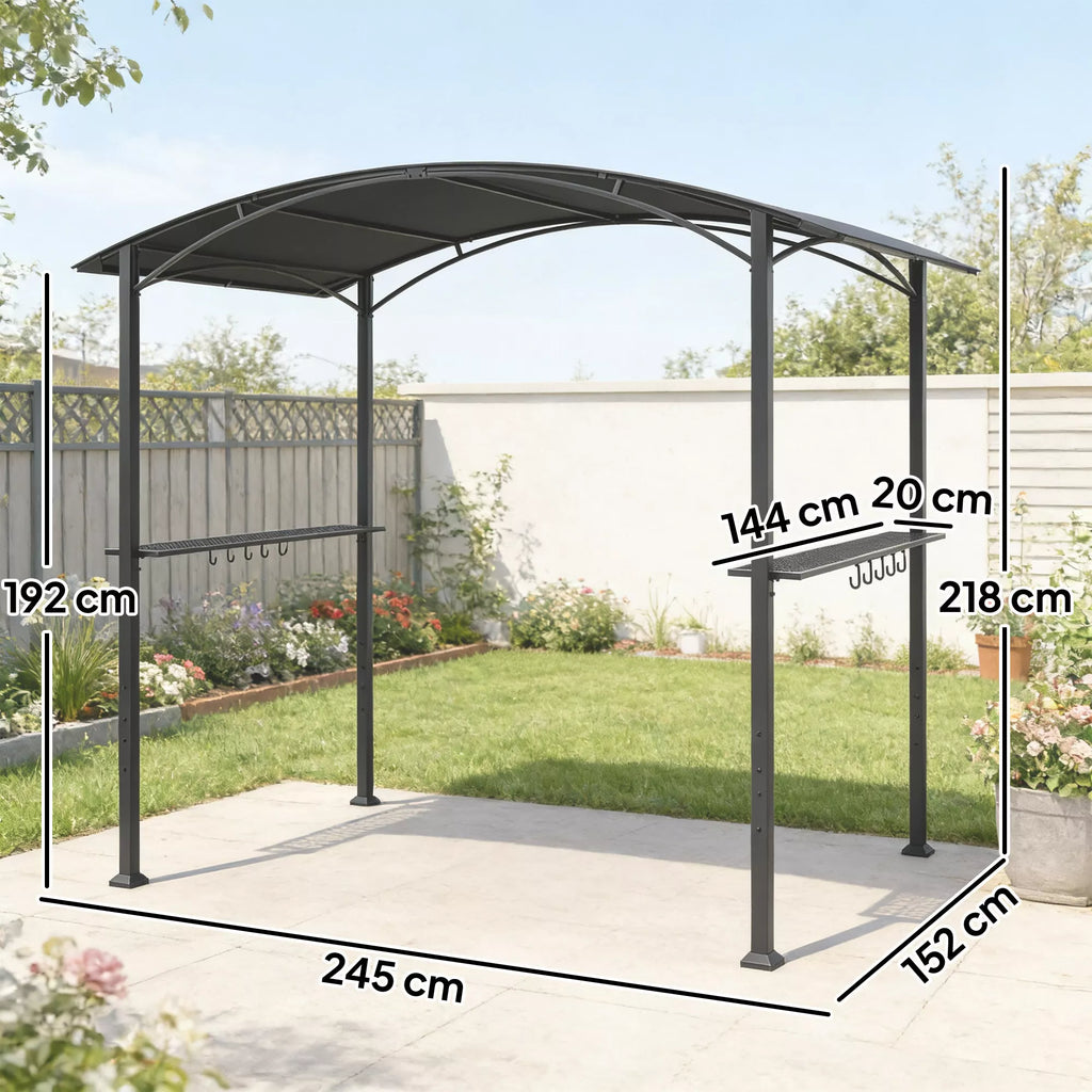 Grill paviljonas 2,4 x 1,5 m, ugniai atsparus sodo paviljonas su arkiniu stogu, šoninėmis lentynomis, kabliais, tamsiai pilkos spalvos