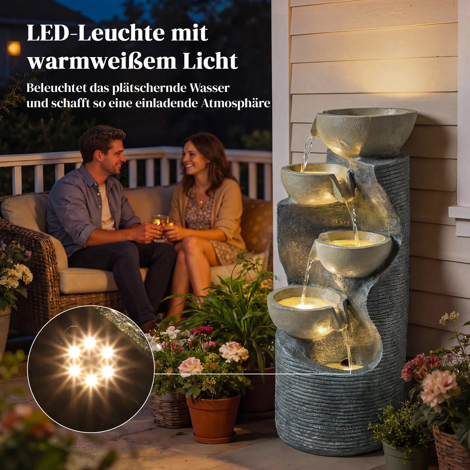 5 pakopų sodo fontanas su LED apšvietimu, akmens imitacijos siurbliu, reguliuojamas, 33 x 31 x 80 cm