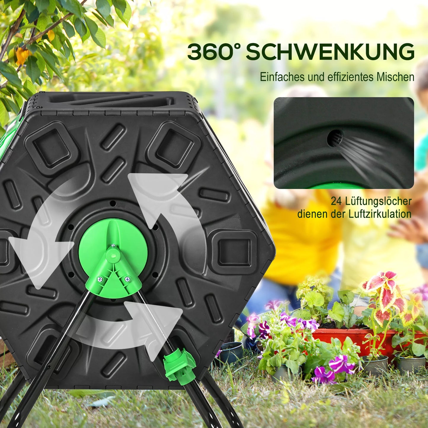 Kompostavimo dėžė, 65 litrų komposteris, sukamasis, kompaktiškas, 24 vėdinimo skylės, plienas, plastikas, žalia+juoda