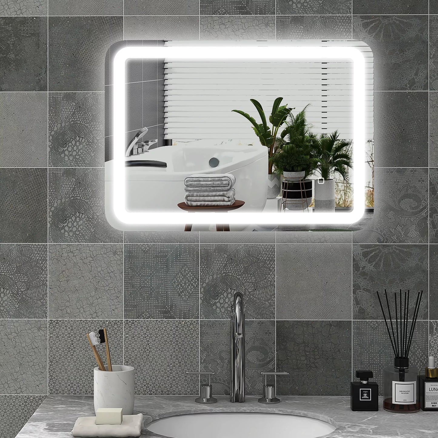 Apšviestas vonios veidrodis su jutikliniu valdymu, apsauga nuo rasojimo, pritemdomas, 3 šviesos spalvos, 50x70 cm, sidabrinis