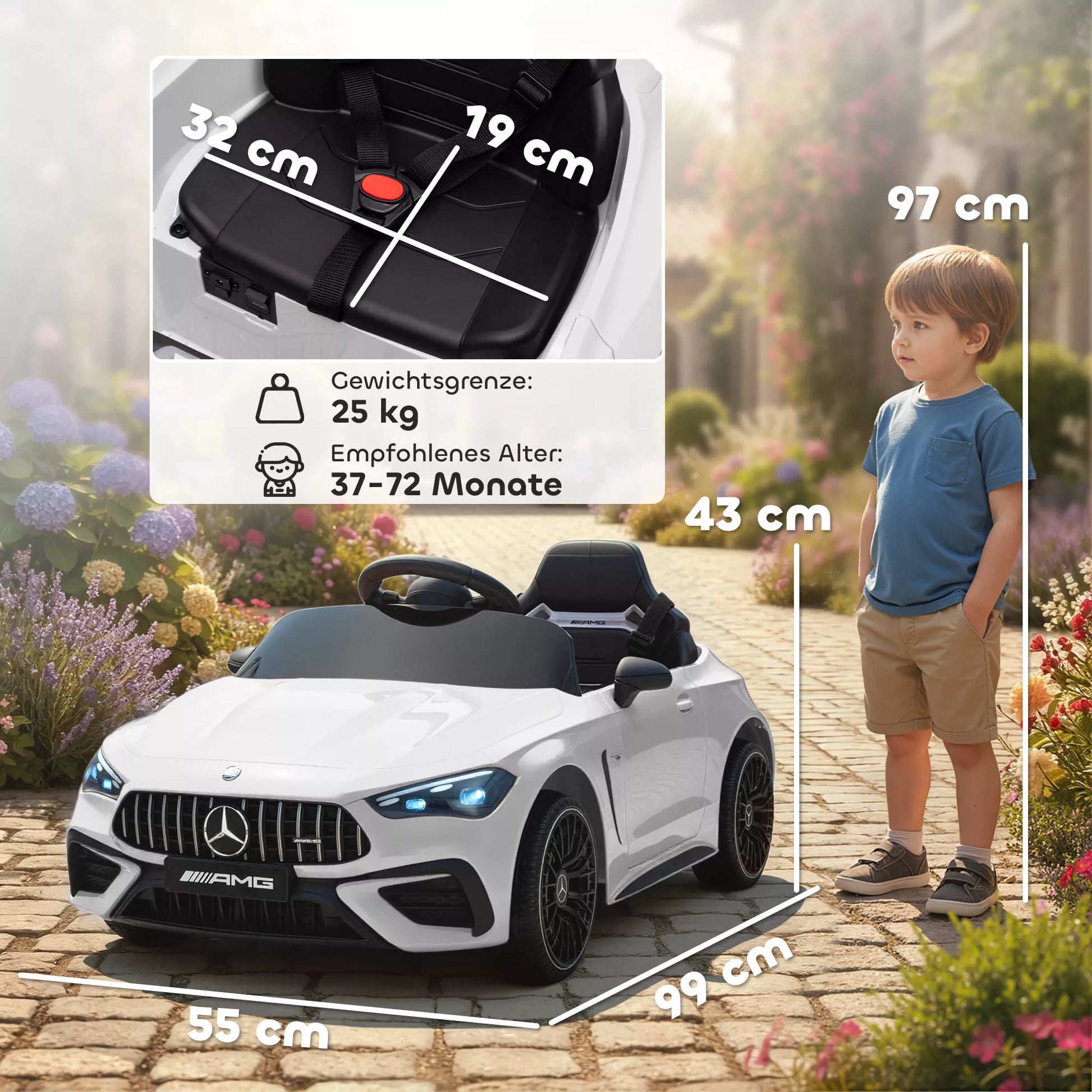 Elektrinis automobilis vaikams, Mercedes dizainas, 12V varikliai, nuotolinio valdymo pultas, LED žibintai, muzika, skirtas 3-6 metų vaikams, baltas