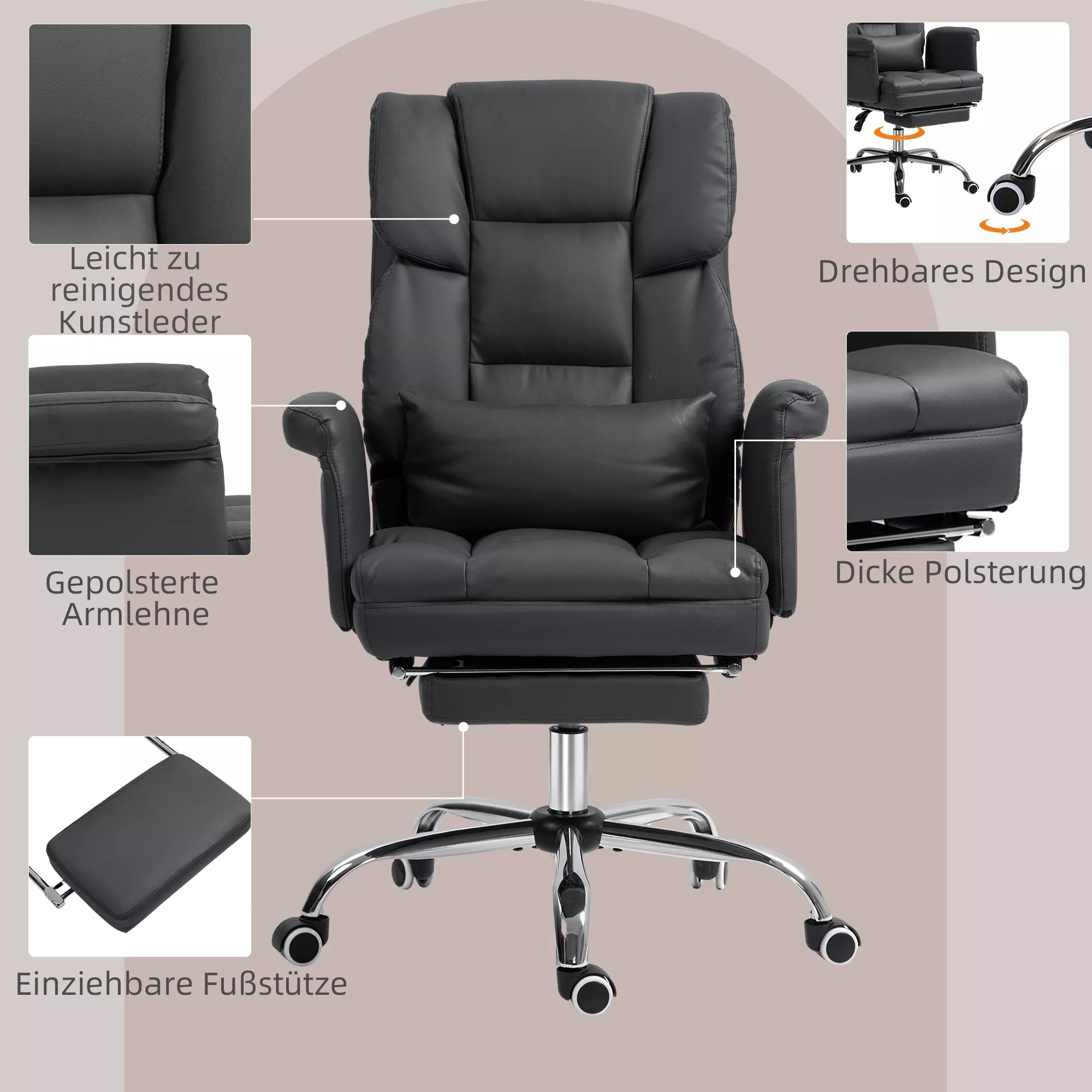 Ergonomiška biuro kėdė, reguliuojamas aukštis 48–56 cm, atlenkiamas atlošas, kojų atrama, juoda
