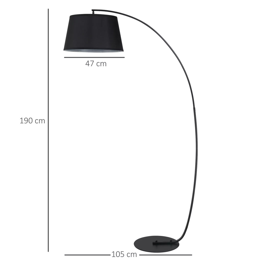 Stovas, išlenktas stovas su audiniu dengtu gaubtu, grindų lempa su apvaliu pagrindu, metalas, 105L x 47B x 190H cm, juoda