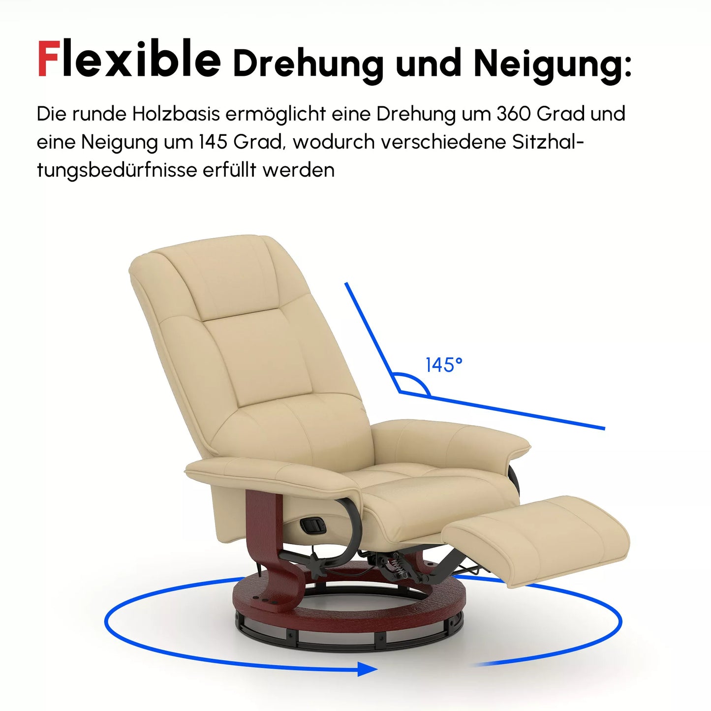 Krėslas su relaksacijos funkcija, reguliuojamas, su gulėjimo funkcija, iki 120 kg, dirbtinė oda, 78 x 87 x 100 cm, kreminės spalvos