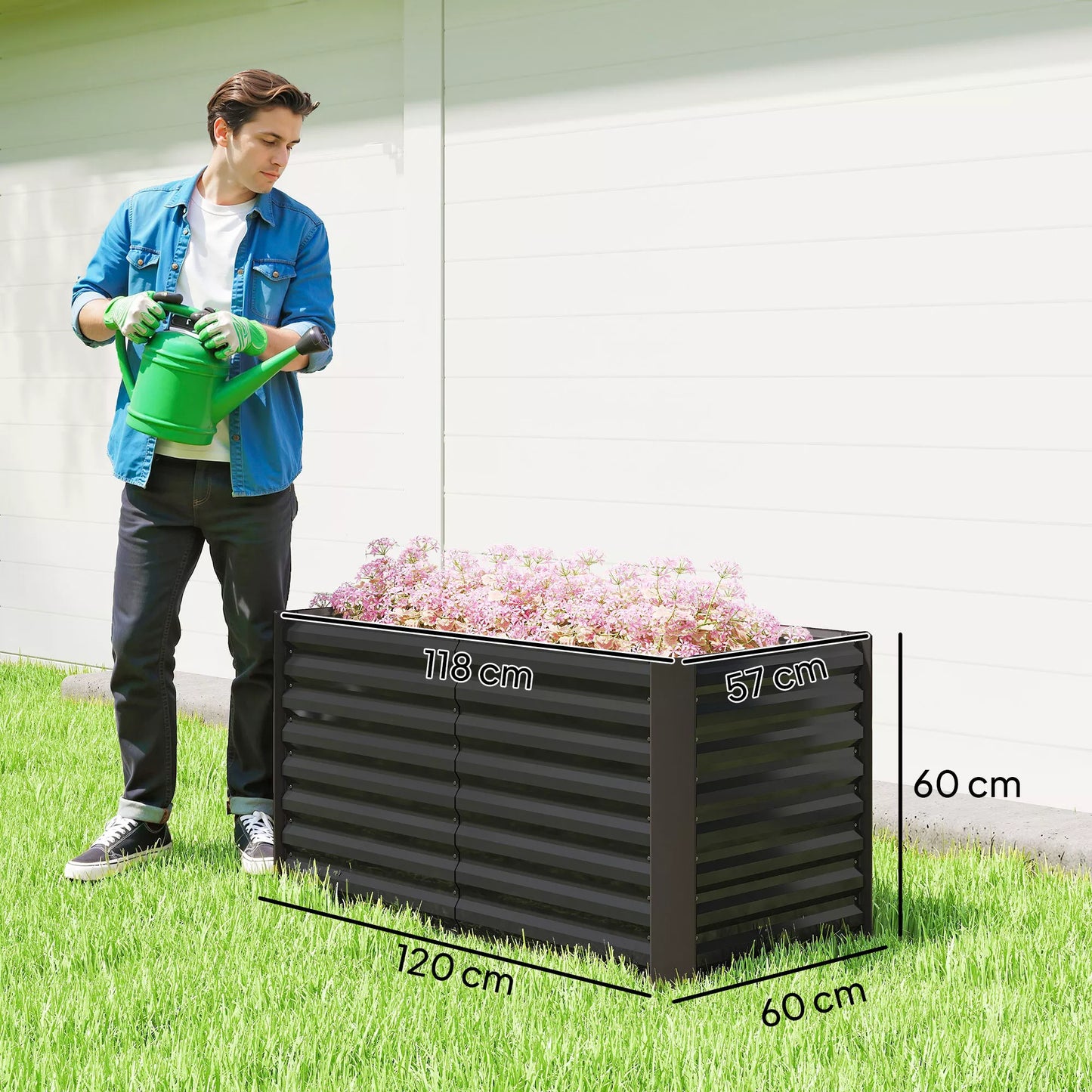 Aukštos lysvės, 2 vnt. rinkinys, gėlių dėžė, ypač gili, metalinė, 120 x 60 x 60 cm, tamsiai pilka