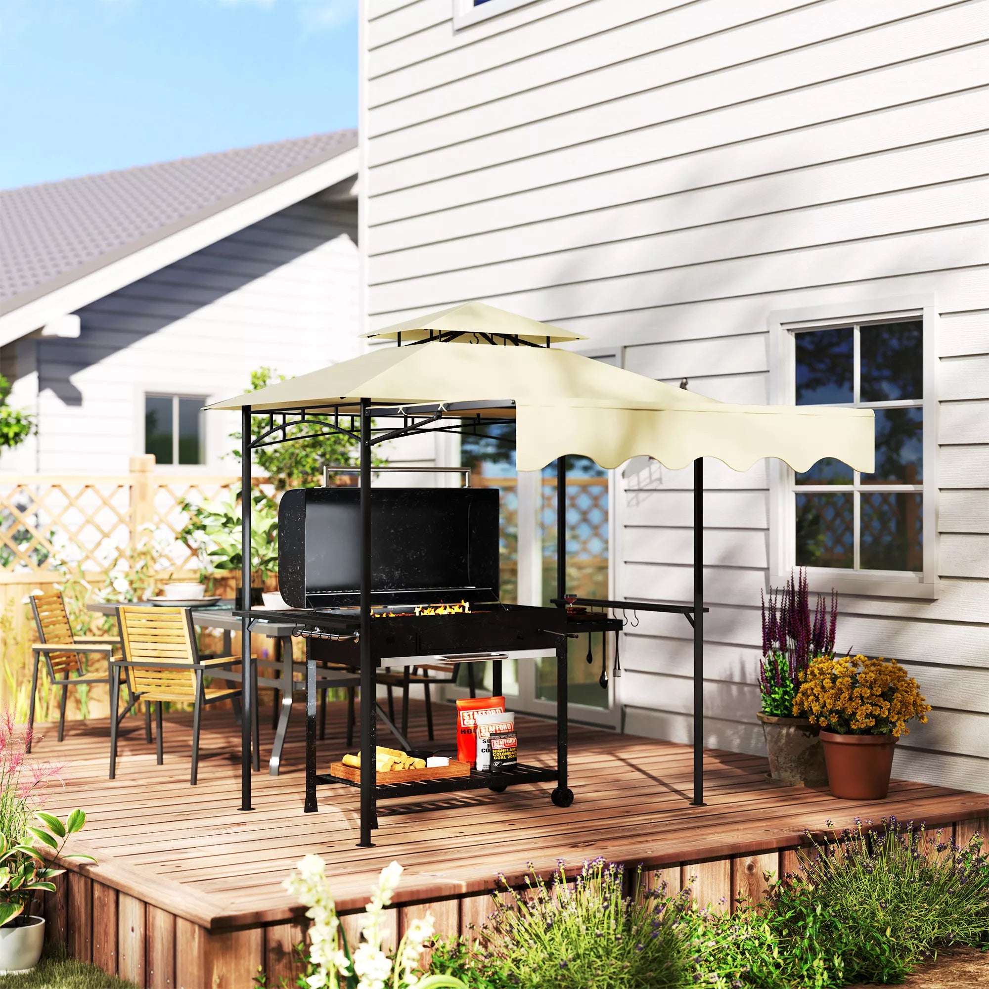 Grillpavillon 242x232x248 cm vandeniui atsparus, ugniai atsparus sodo paviljonas su dvigubu stogu, smėlio spalvos