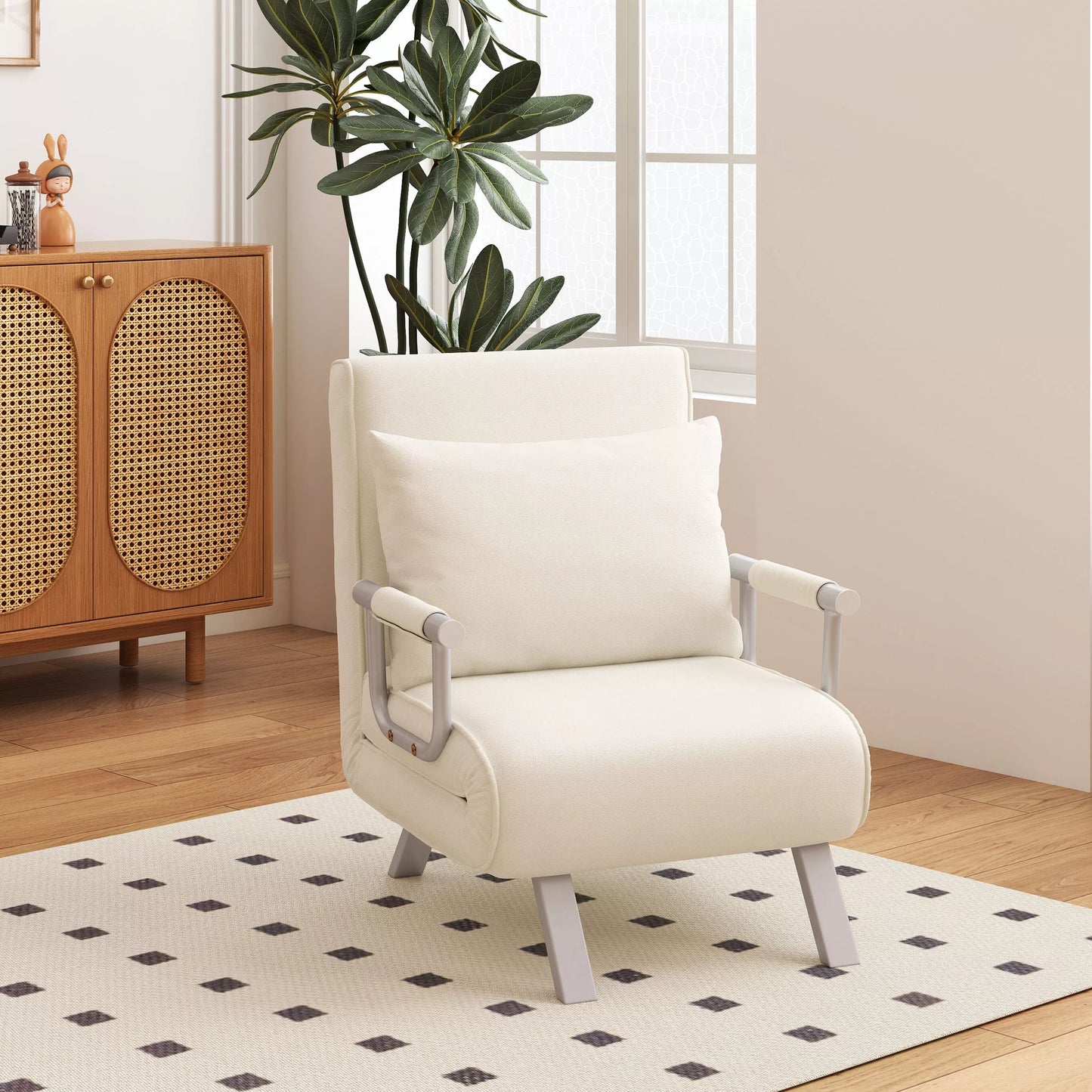 Relaksacinis fotelis, atlošiamas fotelis, miegamoji funkcija, 65 cm x 69 cm x 80 cm, kreminės baltos spalvos