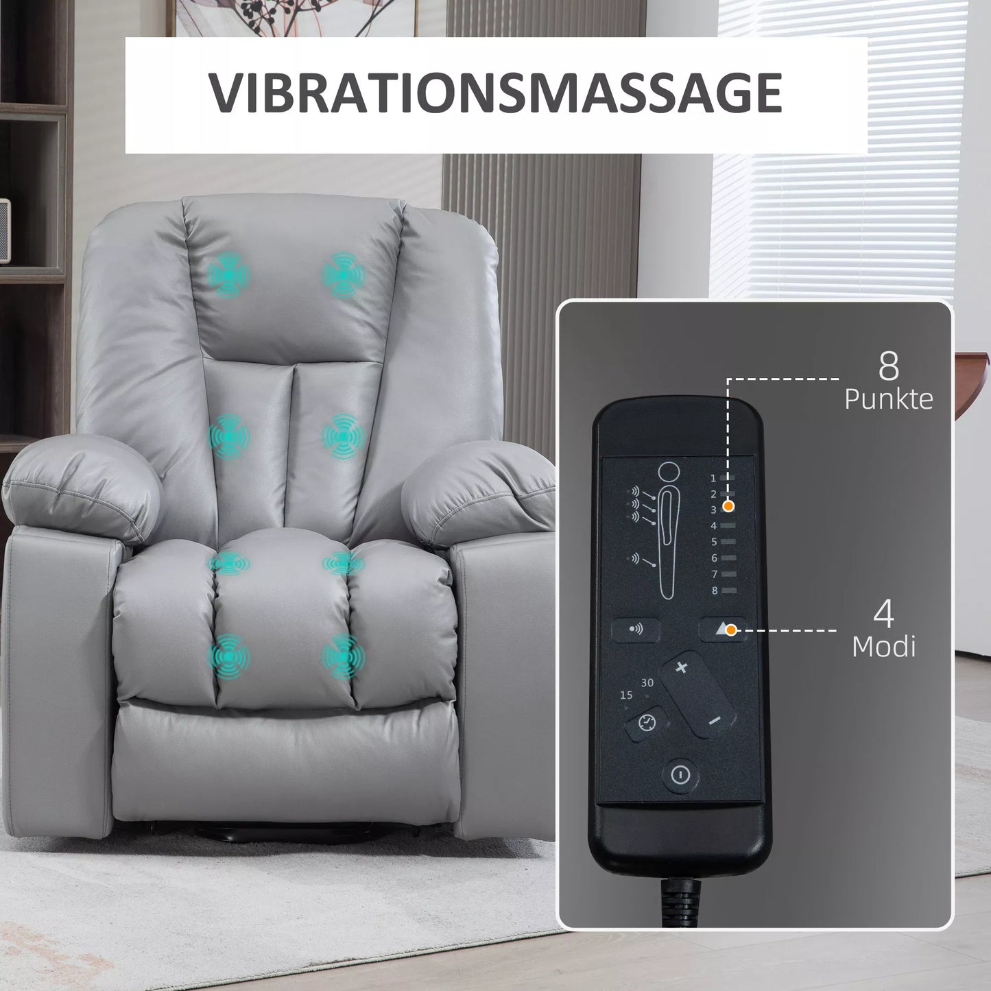 Masažinis krėslas, atlošiamas krėslas, krėslas senjorams, su nuotolinio valdymo pulteliu, šoninėmis kišenėmis, 94 cm x 96 cm x 106 cm, tamsiai pilkos spalvos