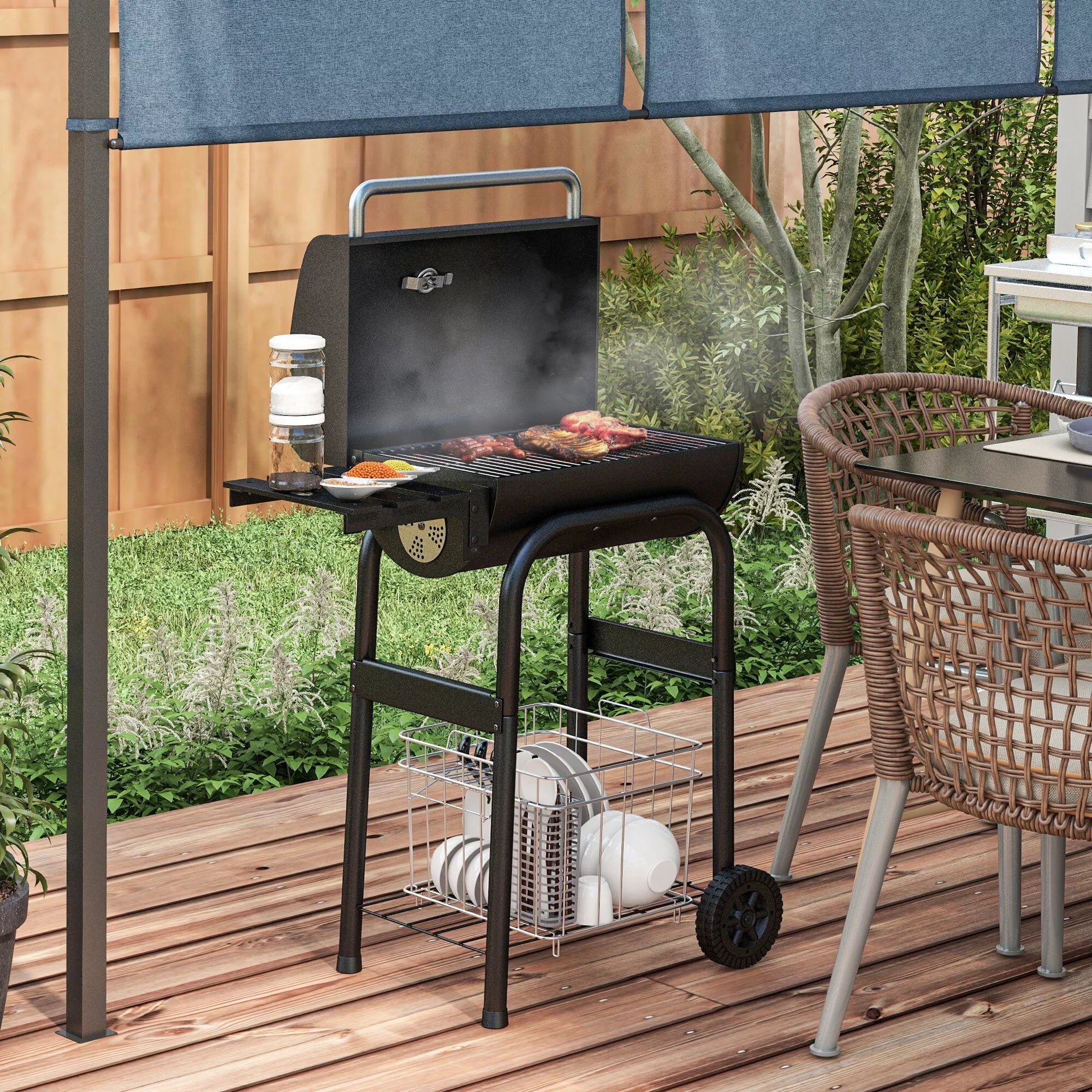 Anglies grilis Smoker BBQ-Grill, 1 lentynėlė, su termometru, 83 x 46,5 x 115 cm, juodas