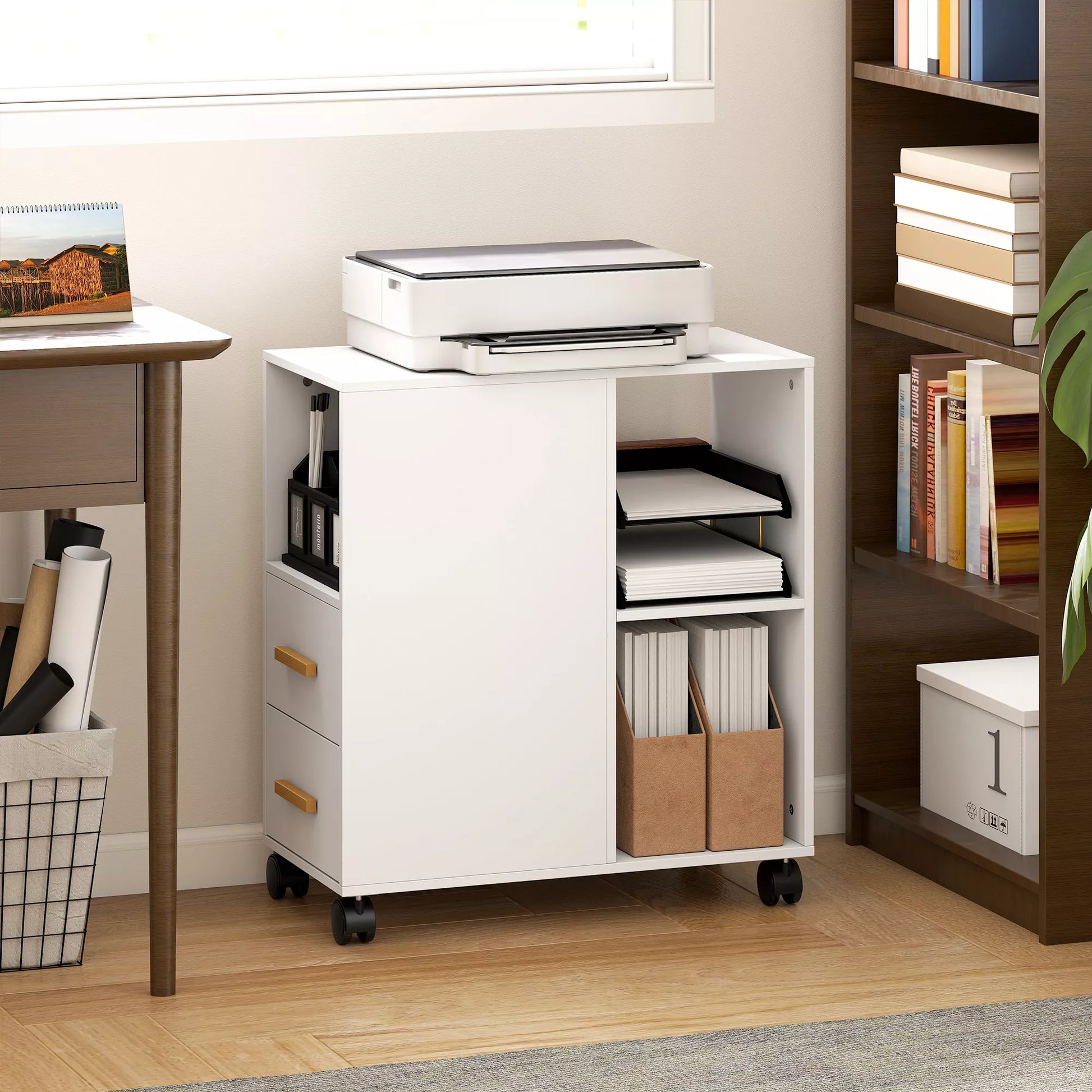 Spausdintuvo staliukas su reguliuojama lentyna, biuro stovas ant ratukų faksui ir skeneriui, mdf ir metalas, 60x30x65 cm, balta