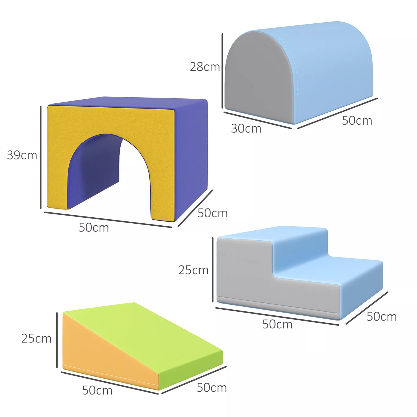 4 dalių minkštų blokelių rinkinys laipiojimui ir čiuožinėjimui, su dirbtinės odos užvalkalu, 1–3 metų vaikams, daugiaspalvis