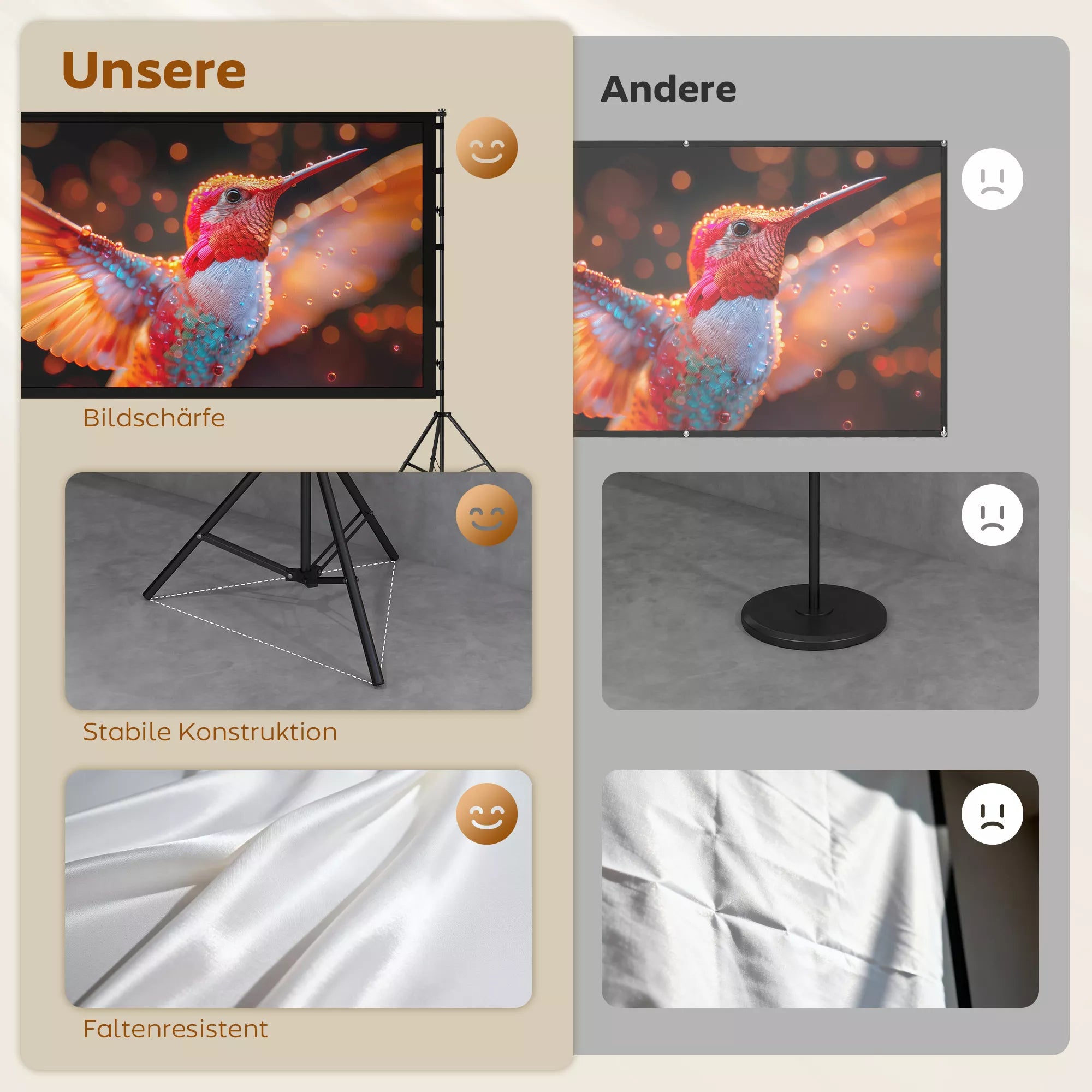 100 colių 16:9 HD 4K/8K projektoriaus ekranas su stovu, nešiojamas dvipusis ekranas su sulankstomais trikojiais, baltas