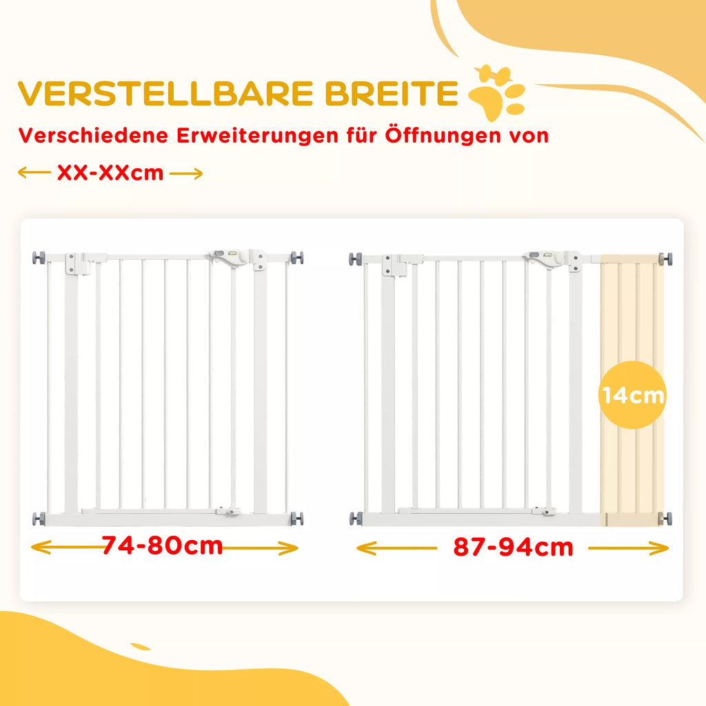 Durų apsauginės grotelės šunims, užtvaros, apsauginės grotelės naminiams gyvūnams, metalas, plastikas, 74–80/87–94 cm, baltos spalvos