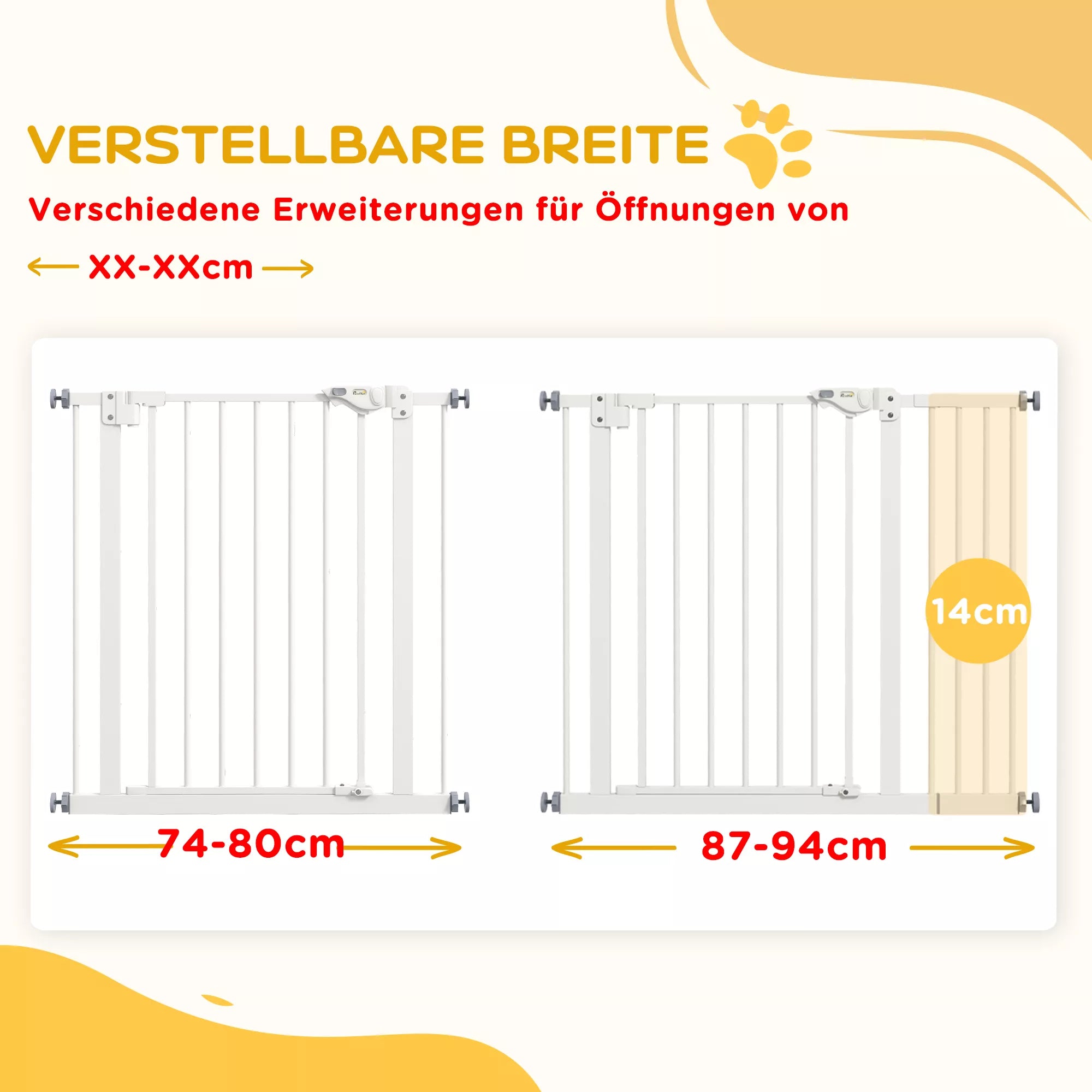 Durų apsauginės grotelės šunims, užtvaros, apsauginės grotelės naminiams gyvūnams, metalas, plastikas, 74–80/87–94 cm, baltos spalvos
