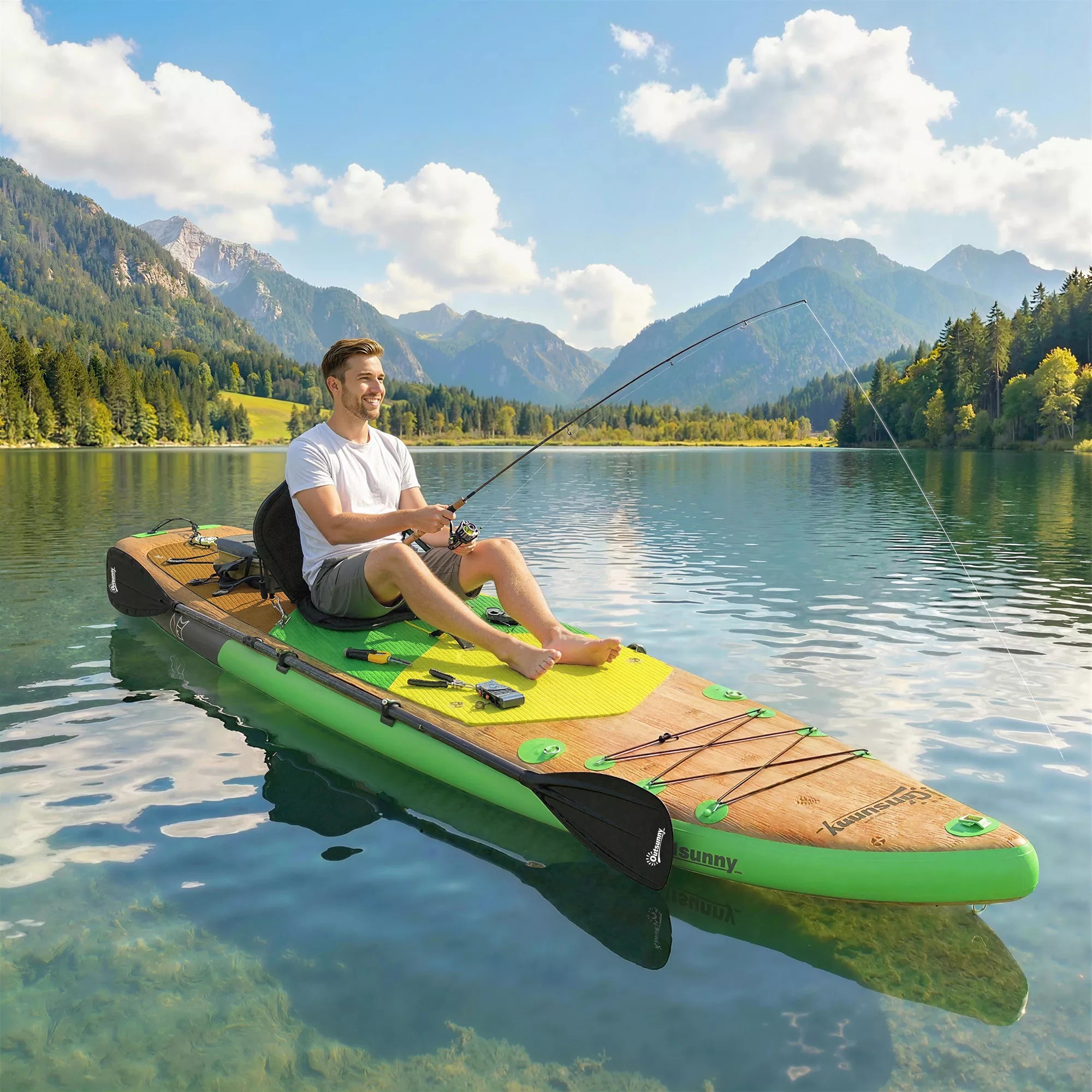 Stand Up Paddling Board Set Pripučiamas 335 cm SUP lentas su kajako sėdyne, reguliuojamu dvigubu irklas ir kojų diržais
