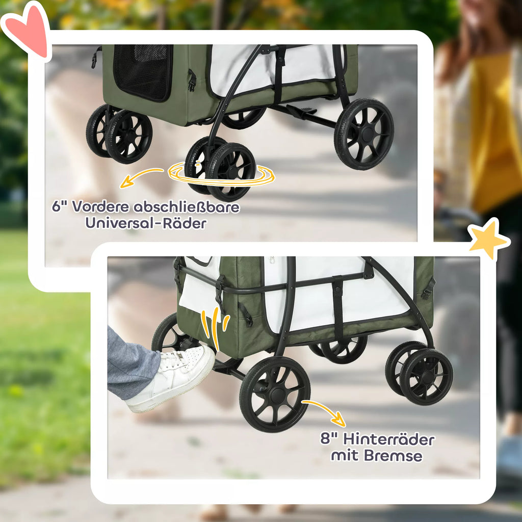 Vežimėlis augintiniams, sulankstomas, su išimamu krepšiu, iki 15 kg, tamsiai žalias