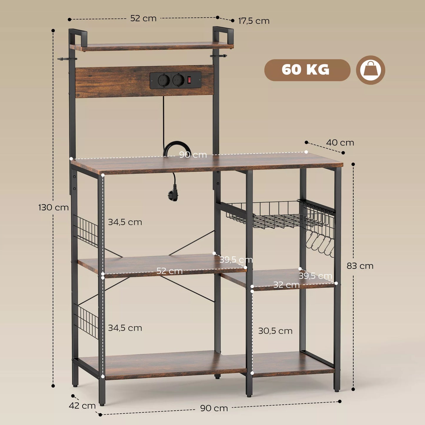 Virtuvinė pastatomos lentynos su 2 elektros lizdais, 5 S formos kabliukais, 5 lentynomis, krepšiu, X formos atramomis iš plieno, 90 x 42 x 130 cm