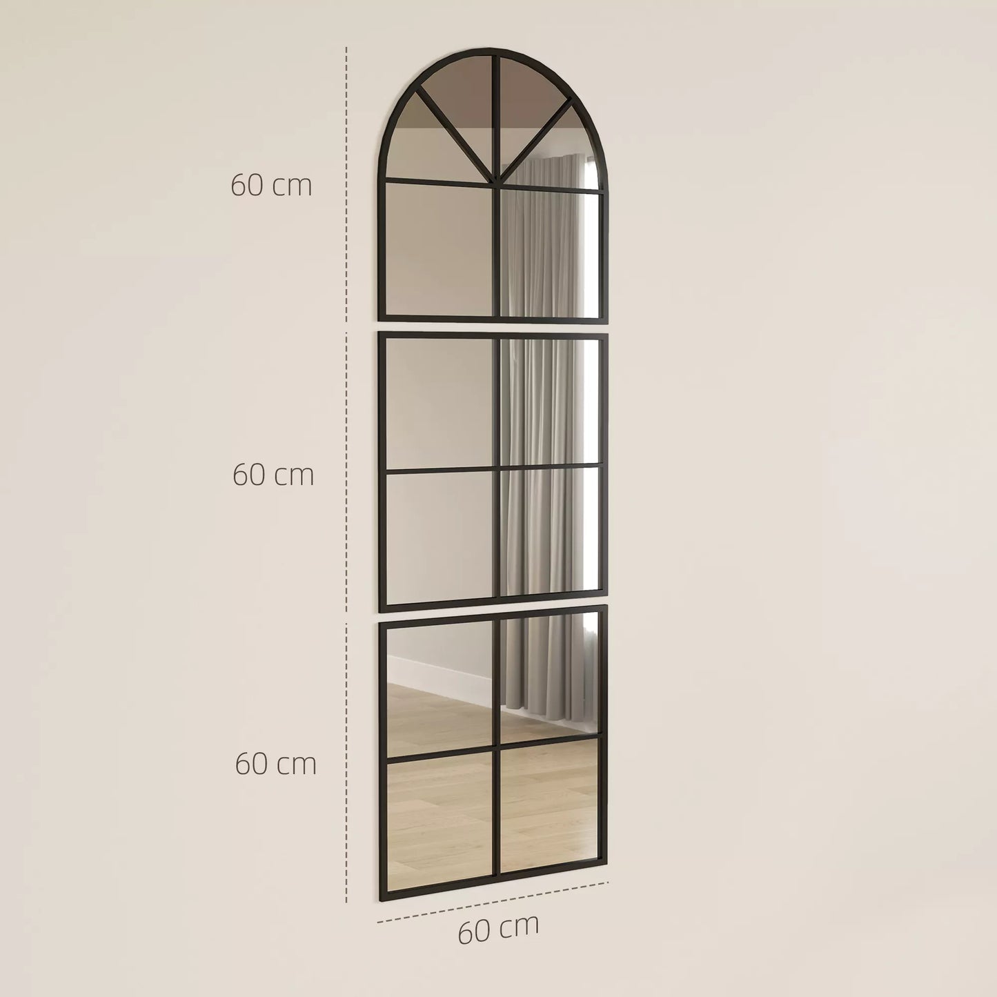Trivietis sieninis veidrodis, lanko formos veidrodis su metaliniu rėmu, dekoratyvus 60 x 2 x 180 cm Juodas