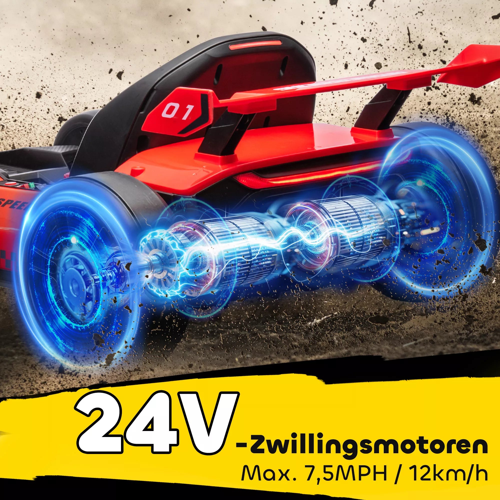 Go-Kart vaikams, elektrinis kartas su signaline ir muzikos funkcija, reguliuojama sėdynė, greitis iki 12 km/h, plastikas, metalas, raudonas