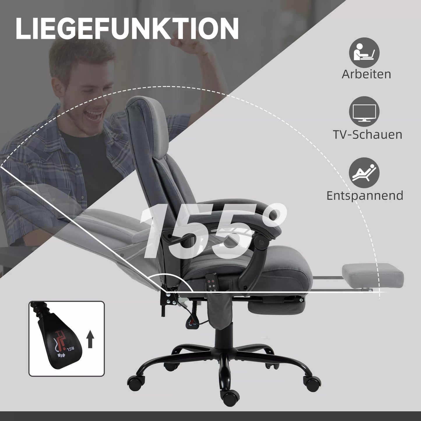 Biuro kėdė su masažo ir šildymo funkcija, kojų atrama, iki 120 kg, tamsiai pilka