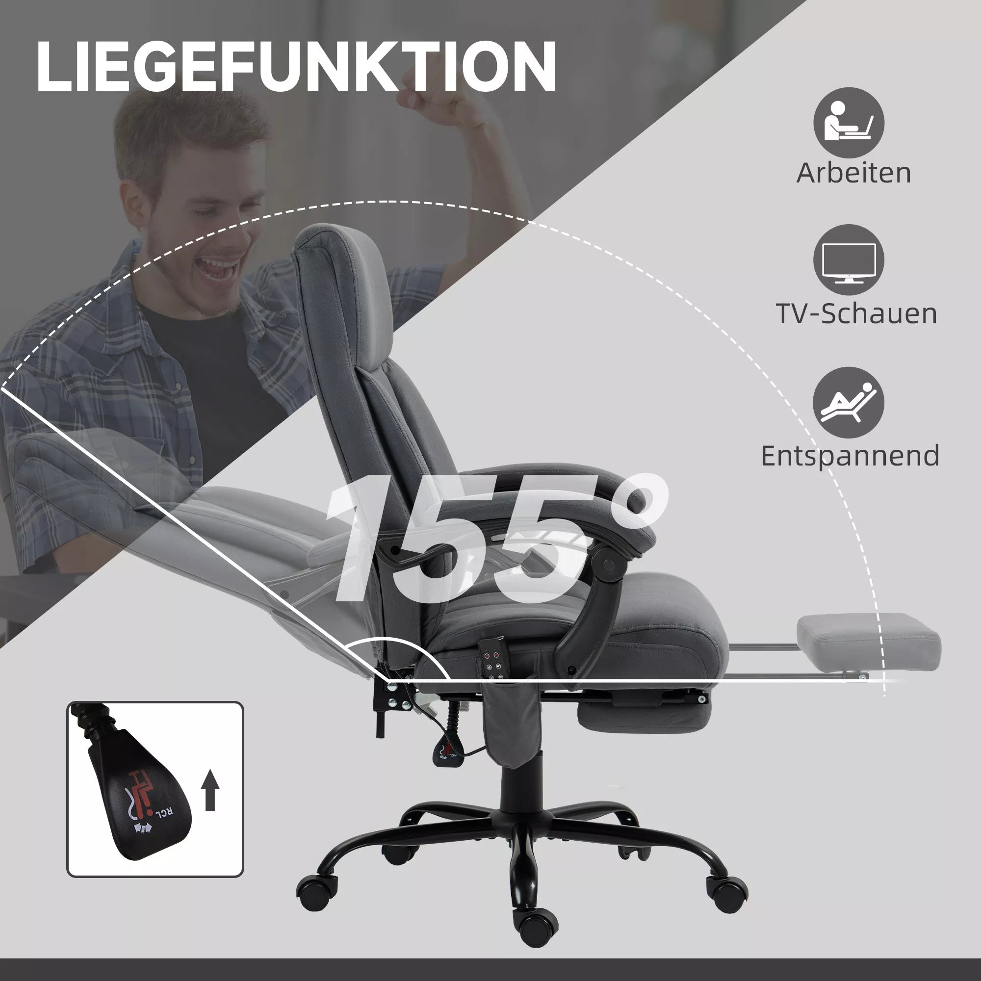 Biuro kėdė su masažo ir šildymo funkcija, kojų atrama, iki 120 kg, tamsiai pilka