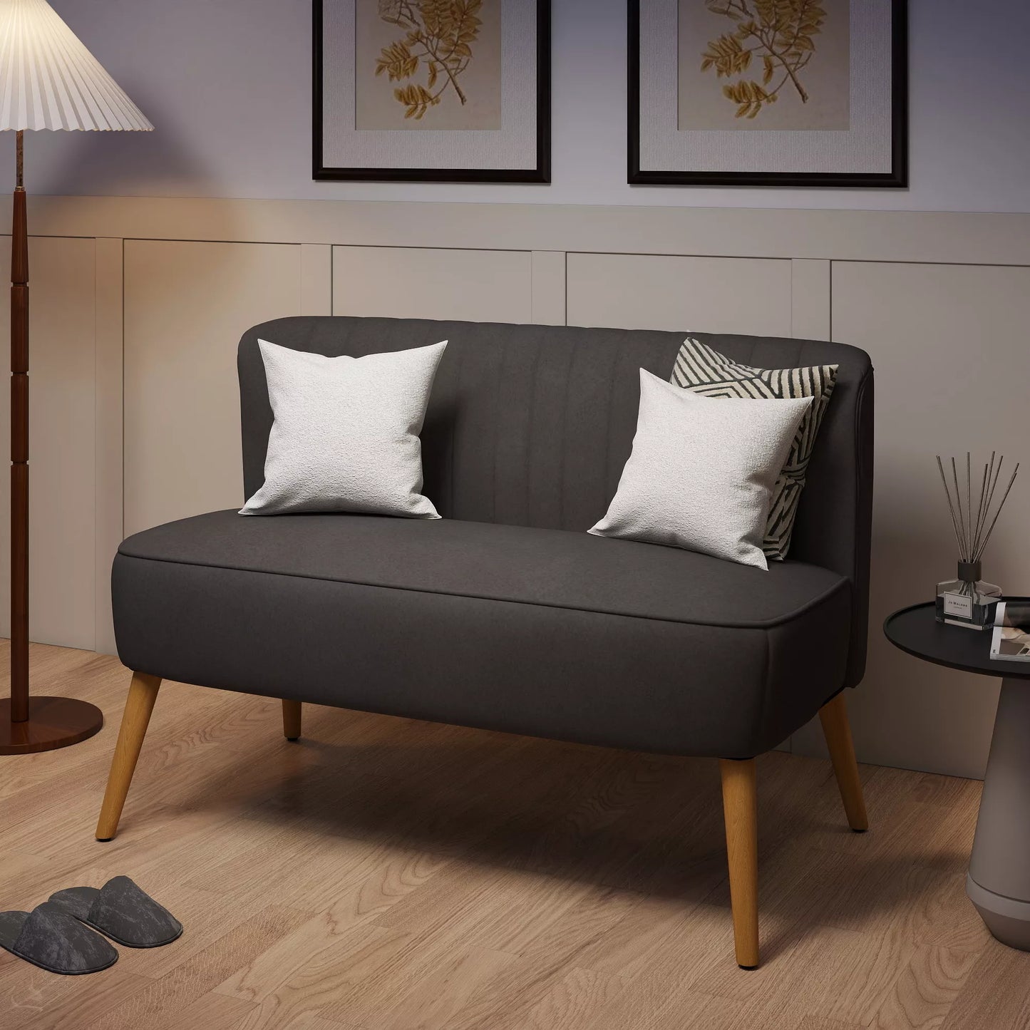 Retro dizaino 2 vietų sofa, medinės kojelės, 117 cm x 56,5 cm x 77 cm, tamsiai pilka