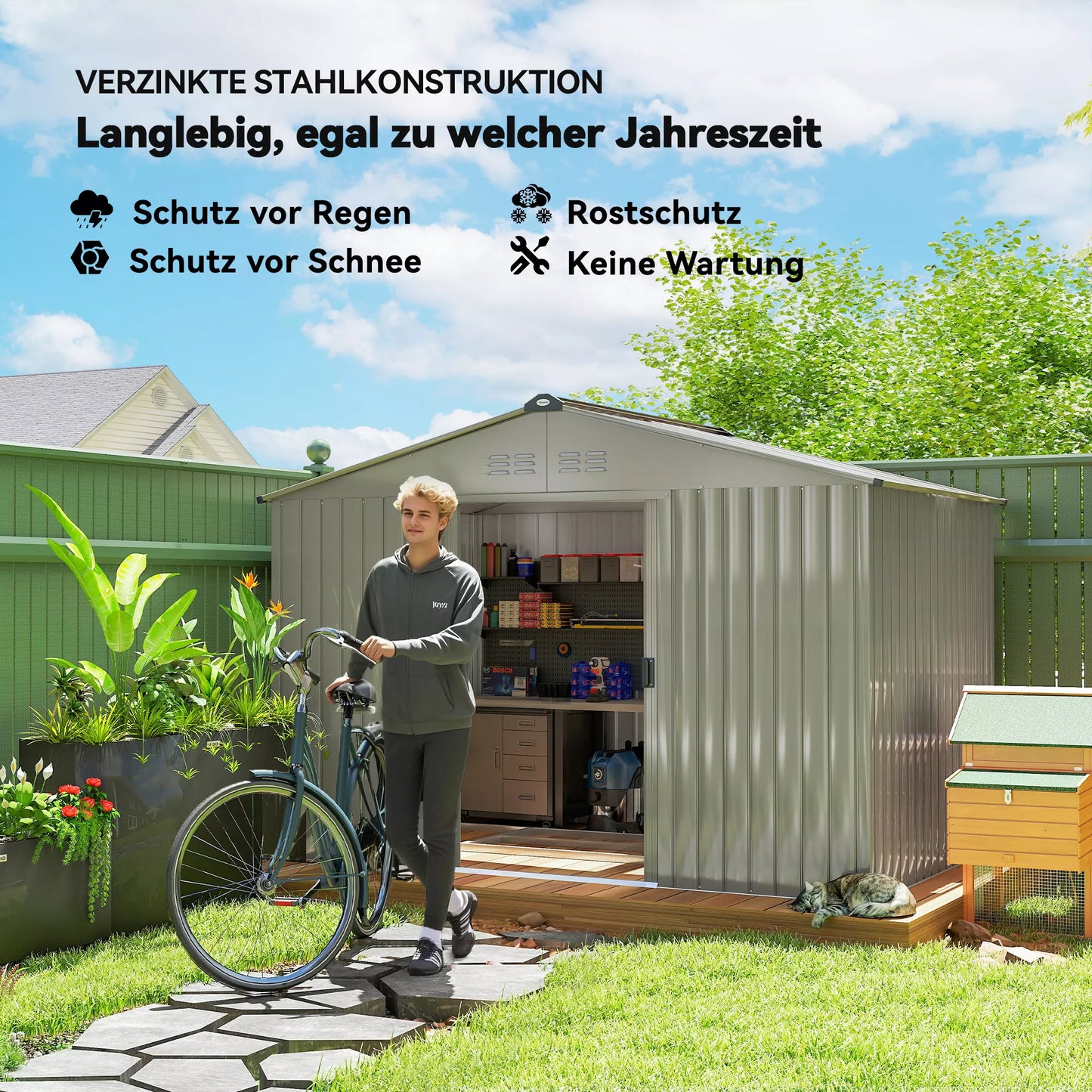 Metalinis sodo namelis įrankiams su stumdomomis durimis ir ventiliacijos langeliais, 277 x 195 x 192 cm, Pilkas