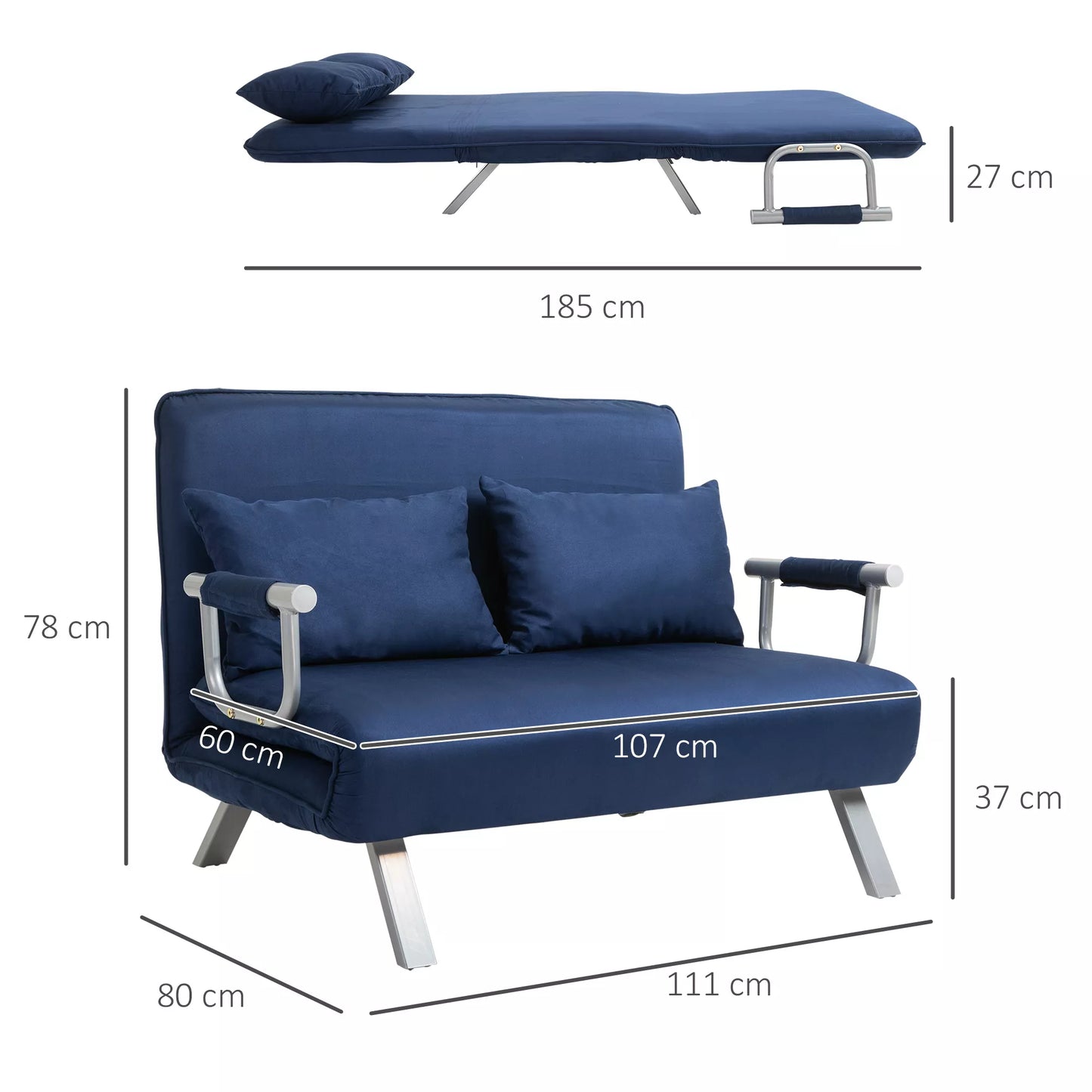 Miegamoji sofa, 5 padėčių reguliuojama, dirbtinio zomšo, metalinis rėmas, su pagalvėlėmis, tamsiai mėlyna