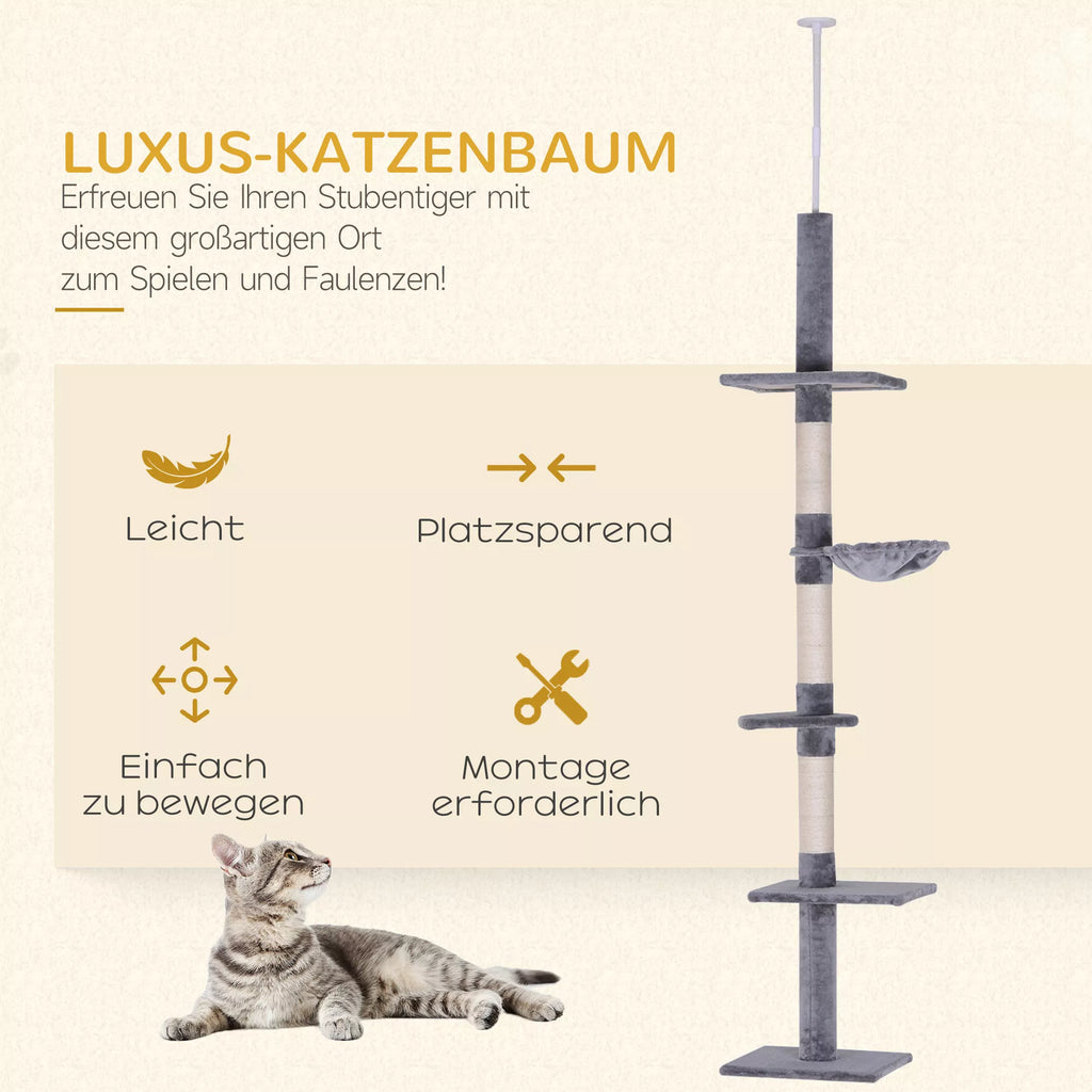Kratzbaum Lubų aukščio reguliuojamas, stabilus kačių medis su sizalio kolonomis, kačių laipiojimo medis, pilkos spalvos, 40 x 34 x 230-260 cm