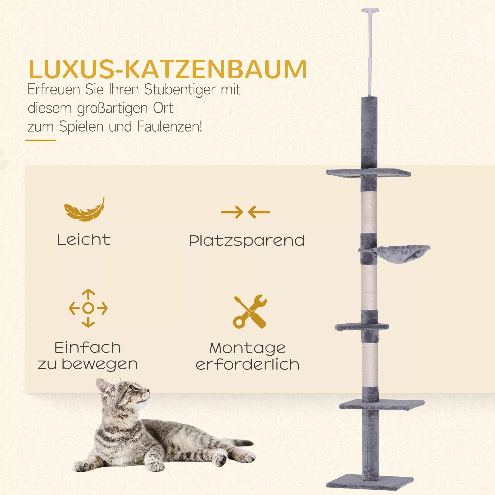 Kratzbaum Lubų aukščio reguliuojamas, stabilus kačių medis su sizalio kolonomis, kačių laipiojimo medis, pilkos spalvos, 40 x 34 x 230-260 cm