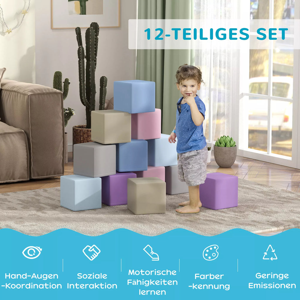 Minkšti blokai, 12 kubų, kiekvienas 20 x 20 x 20 cm, lengvai prižiūrimi, saugūs vaikams, skirti 1–3 metų vaikams, dirbtinė oda