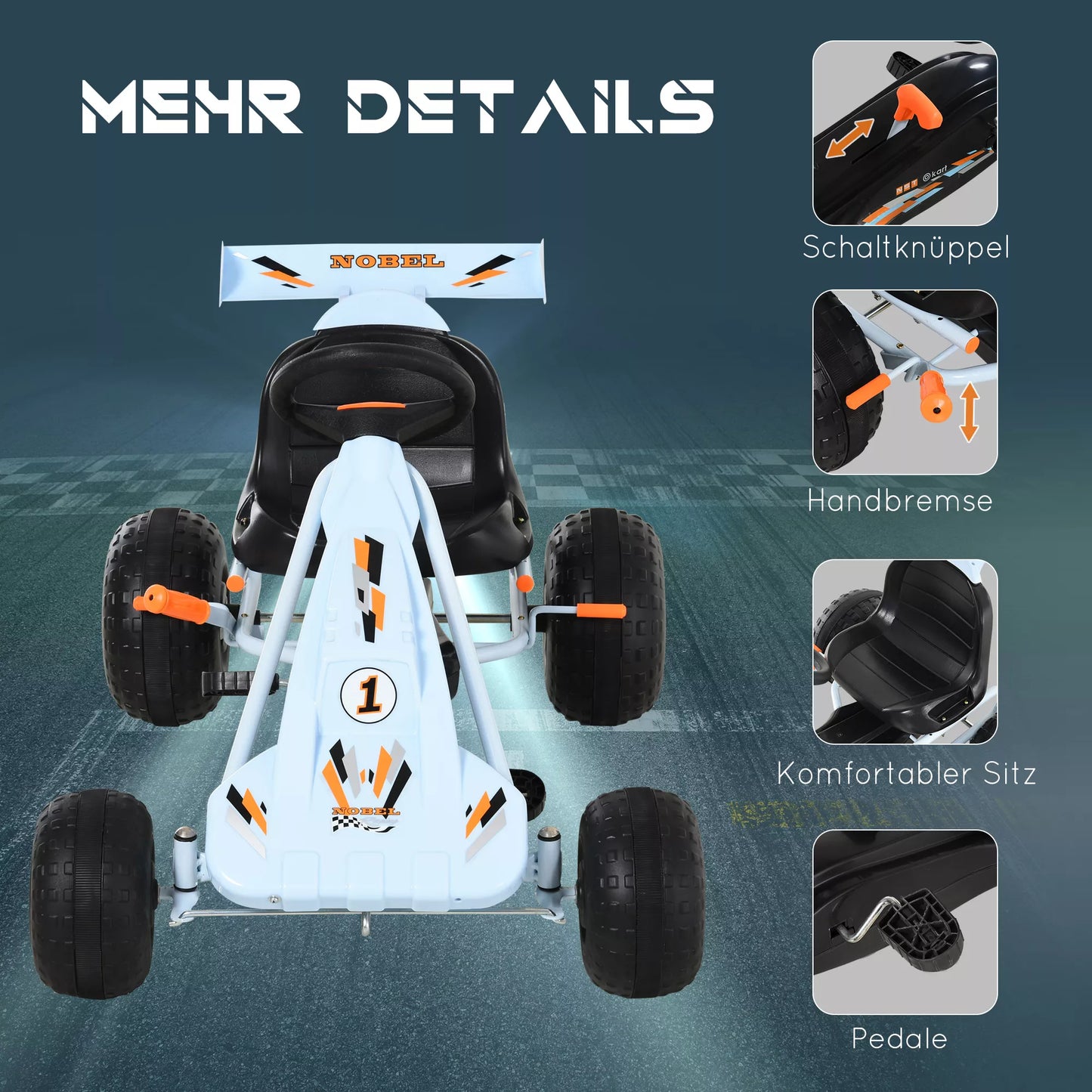 Pedalinis kartingas (Gokart) su rankiniu stabdžiu, reguliuojama sėdyne, važiavimu pirmyn ir atgal, vaikiškas pedalais varomas automobilis, žaislas vaikams nuo 3 metų, šviesiai mėlynas