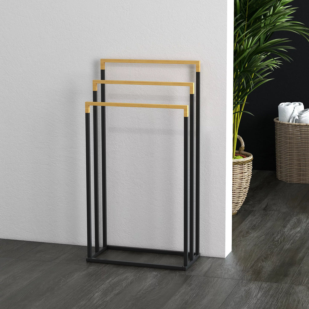 Rankšluosčių laikiklis Rankšluosčių laikiklio rinkinys 3 rankšluosčių strypai, pramoninis dizainas, bambukas, 45 x 22,5 x 86 cm, juodas + natūralus