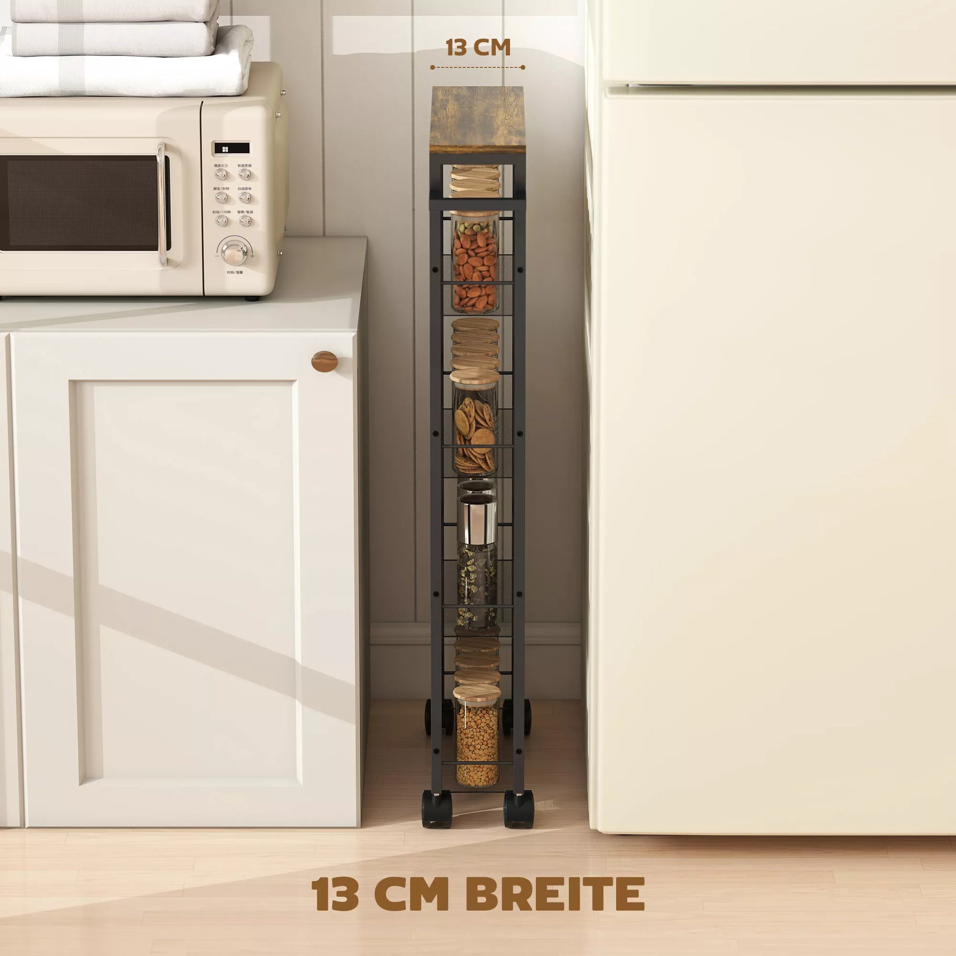 Virtuvės vežimėlis 5 lygių padėklų vežimėlis, virtuvės lentynos su darbo stalviršiu, ratukai, rankena 47 x 13 x 96,5 cm, juodos spalvos