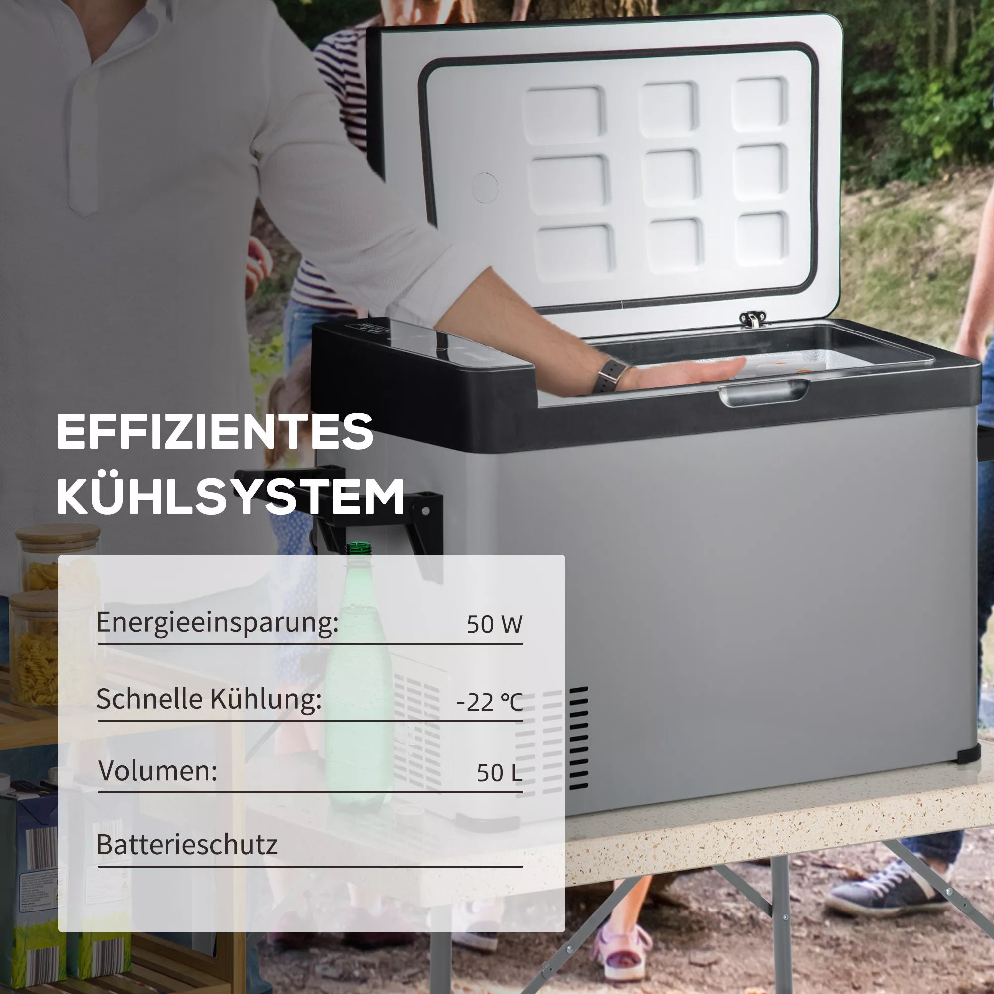 50 l automobilinis šaldytuvas su LCD ekranu, 2 režimais, kompresoriumi, rankenomis, tinka laivams, kemperiams, kelionėms, 12/24 V DC ir 110–240 V AC, pilkos ir juodos spalvos