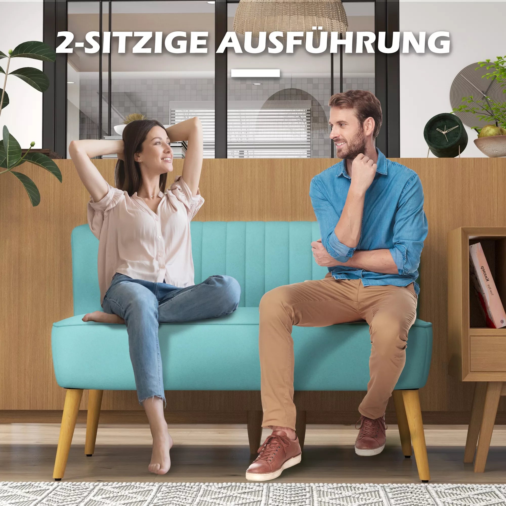 Retro dizaino dviejų vietų sofa su medinėmis kojelėmis, 117 cm x 56,5 cm x 77 cm, žalia