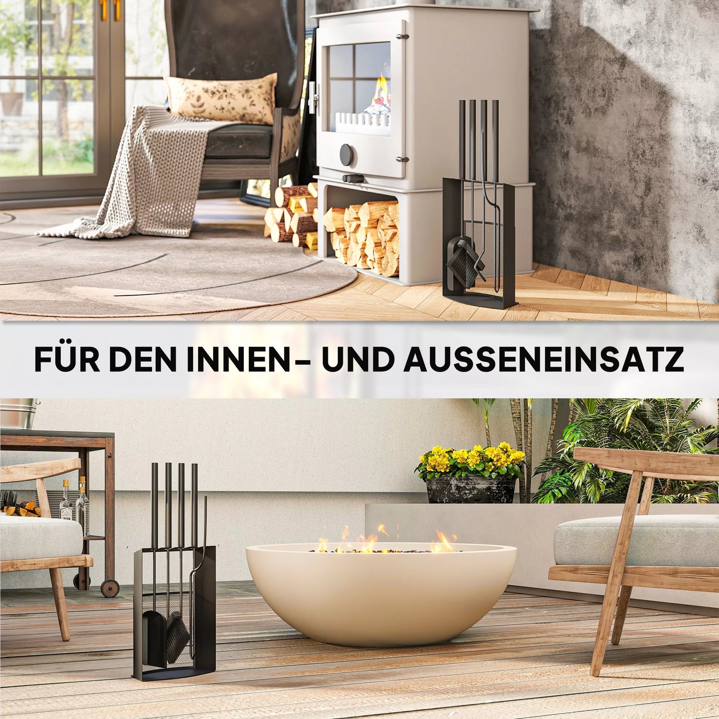 5 dalių židinio įrankių rinkinys, židinio priedai su šluota, kastuvu, pakūreliu, žnyplėmis, metalinis stovas, juodas