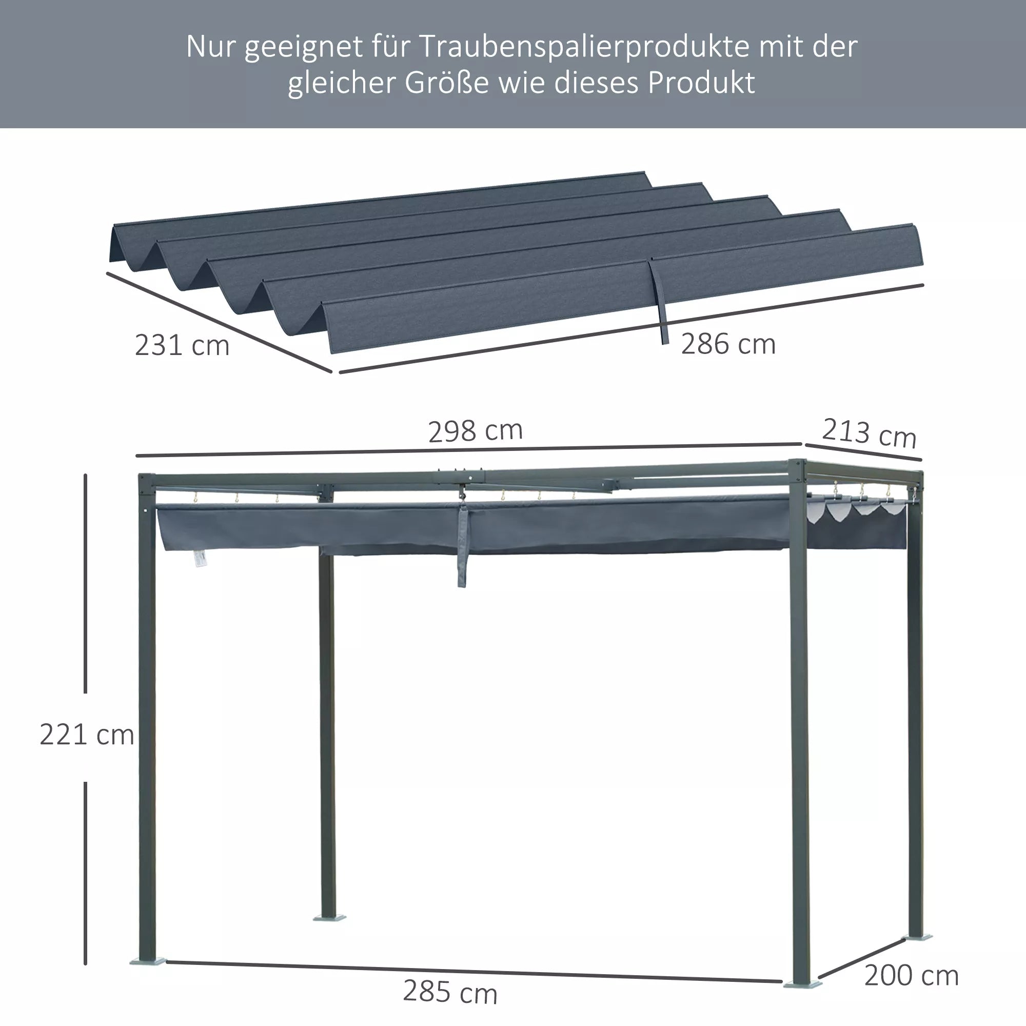 Atsarginis stogas 2,85 x 2 m sodo pavėsinei, ištraukiamas, lengvai montuojamas, poliesteris, tamsiai pilkos spalvos