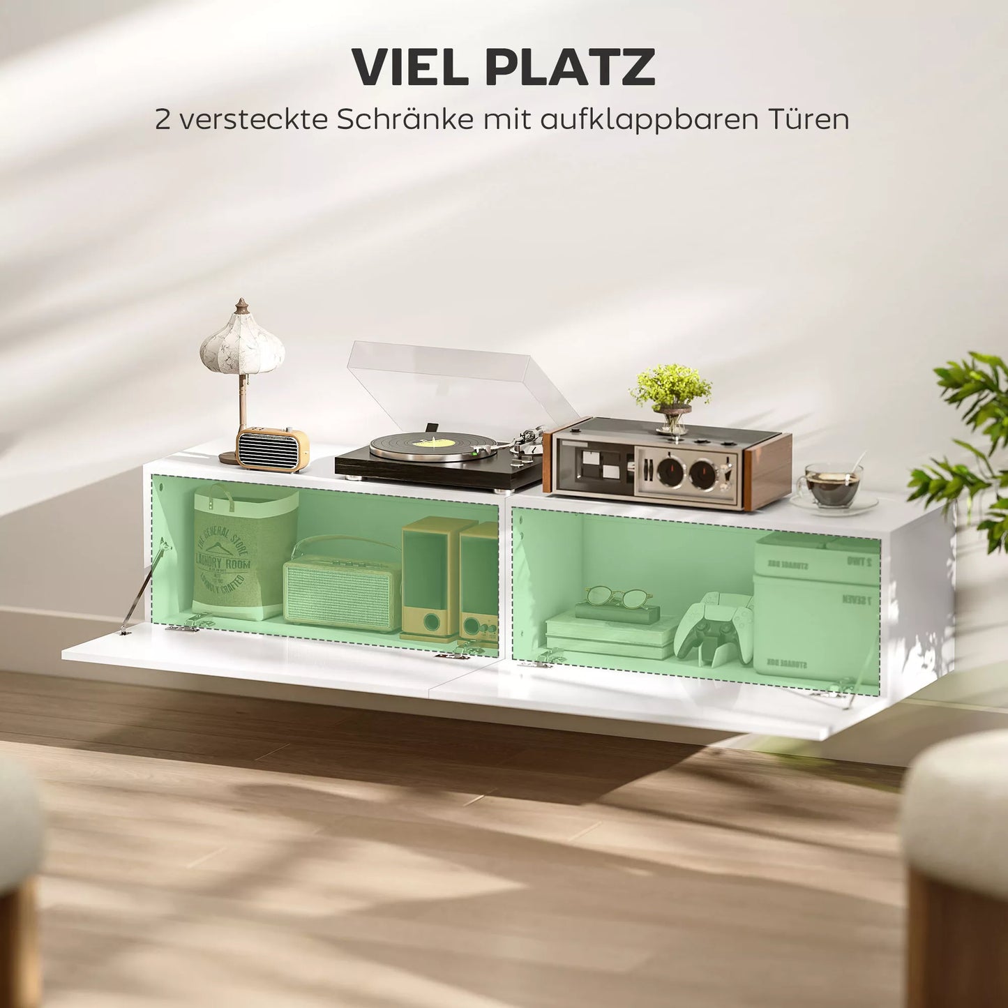 Sieninė pakabinama TV komoda su didele laikymo erdve ir lentynomis, medžio drožlių plokštė, balta