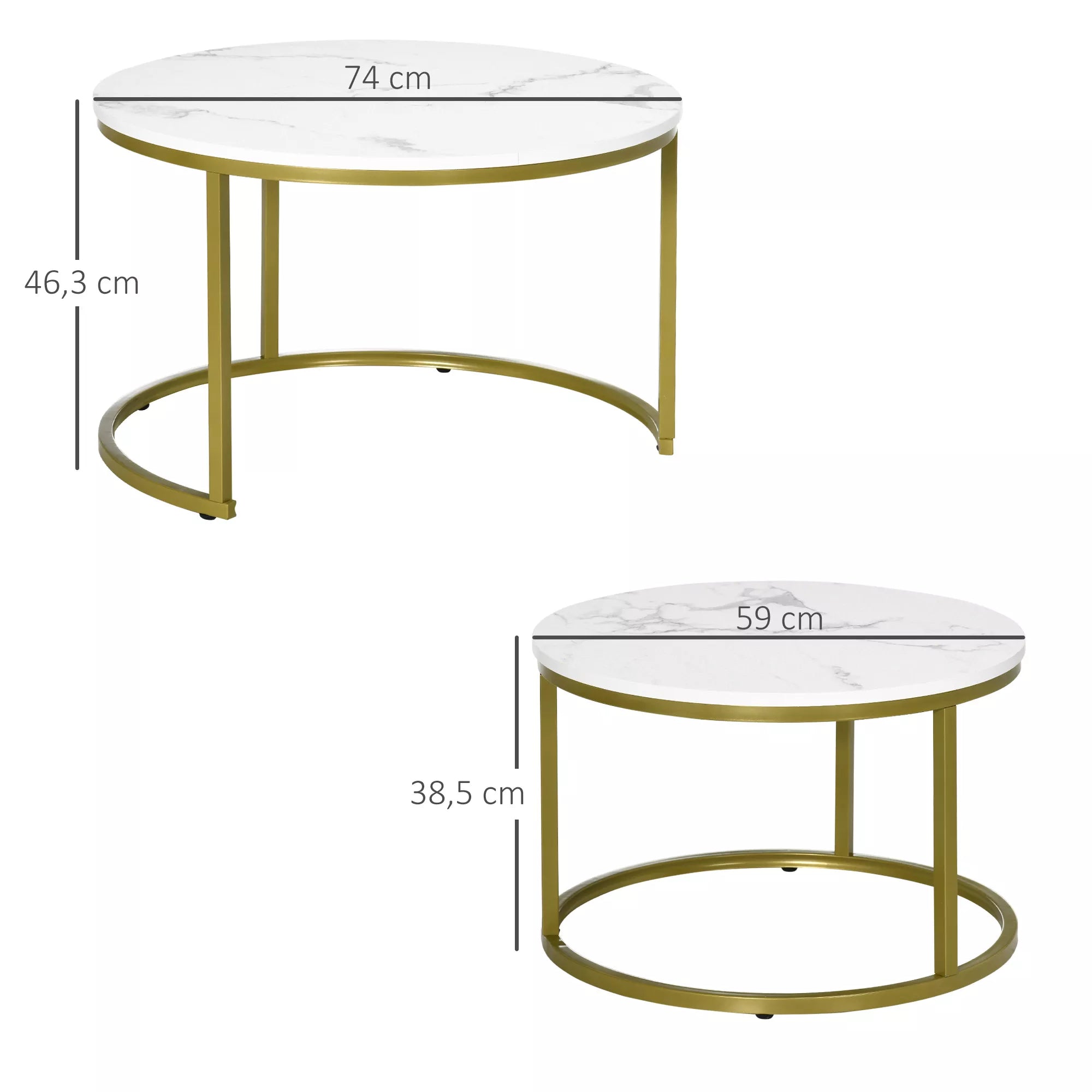 Pagalbinis staliukas, 2 komplekto stalai, Ø74 ir Ø59 cm, marmuro imitacija, auksinis rėmas