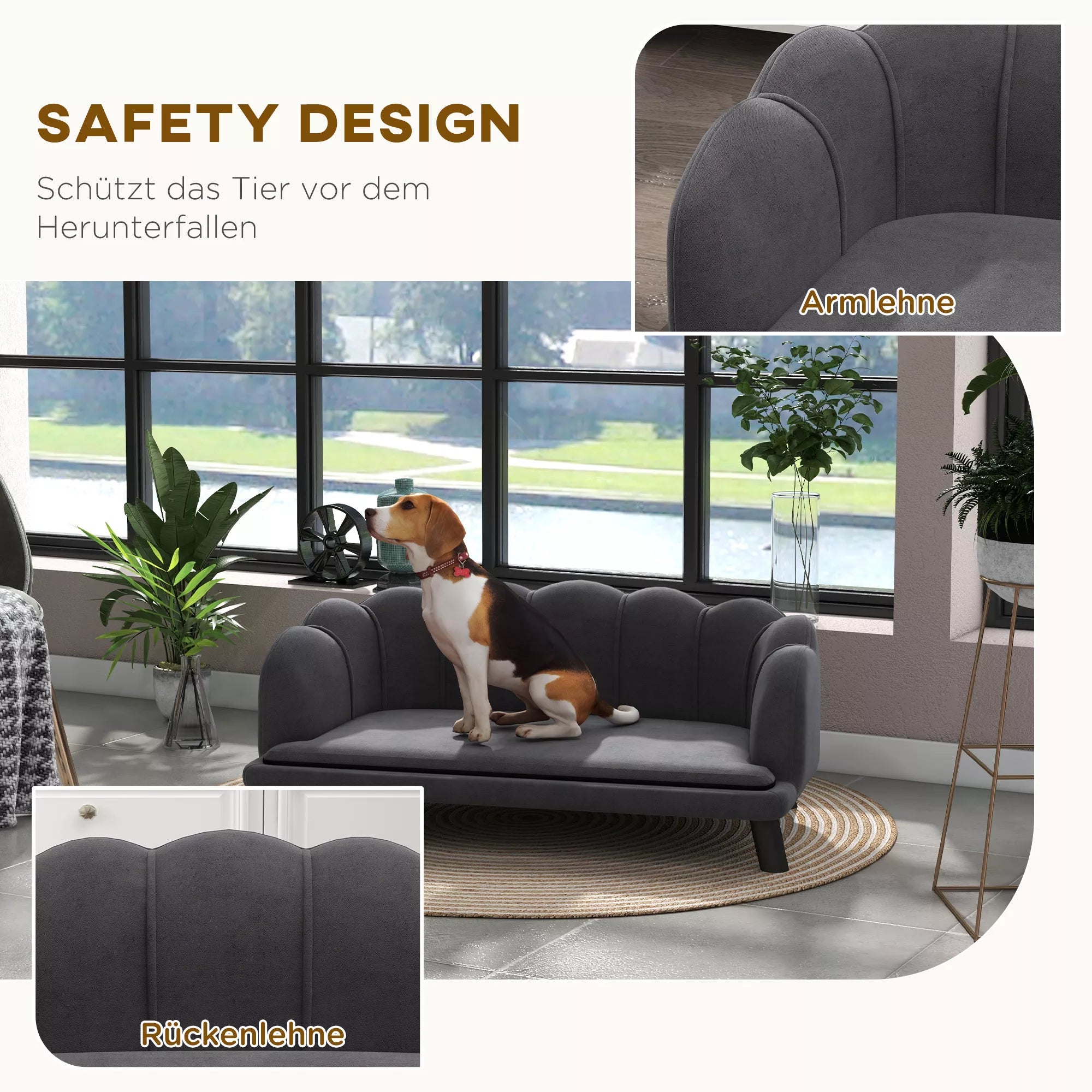 Šunų sofa, skalbiama danga, naminių gyvūnų sofa su atlošu ir medinėmis kojomis, kačių sofa, vidutinio dydžio šunims iki 25 kg, tamsiai pilka