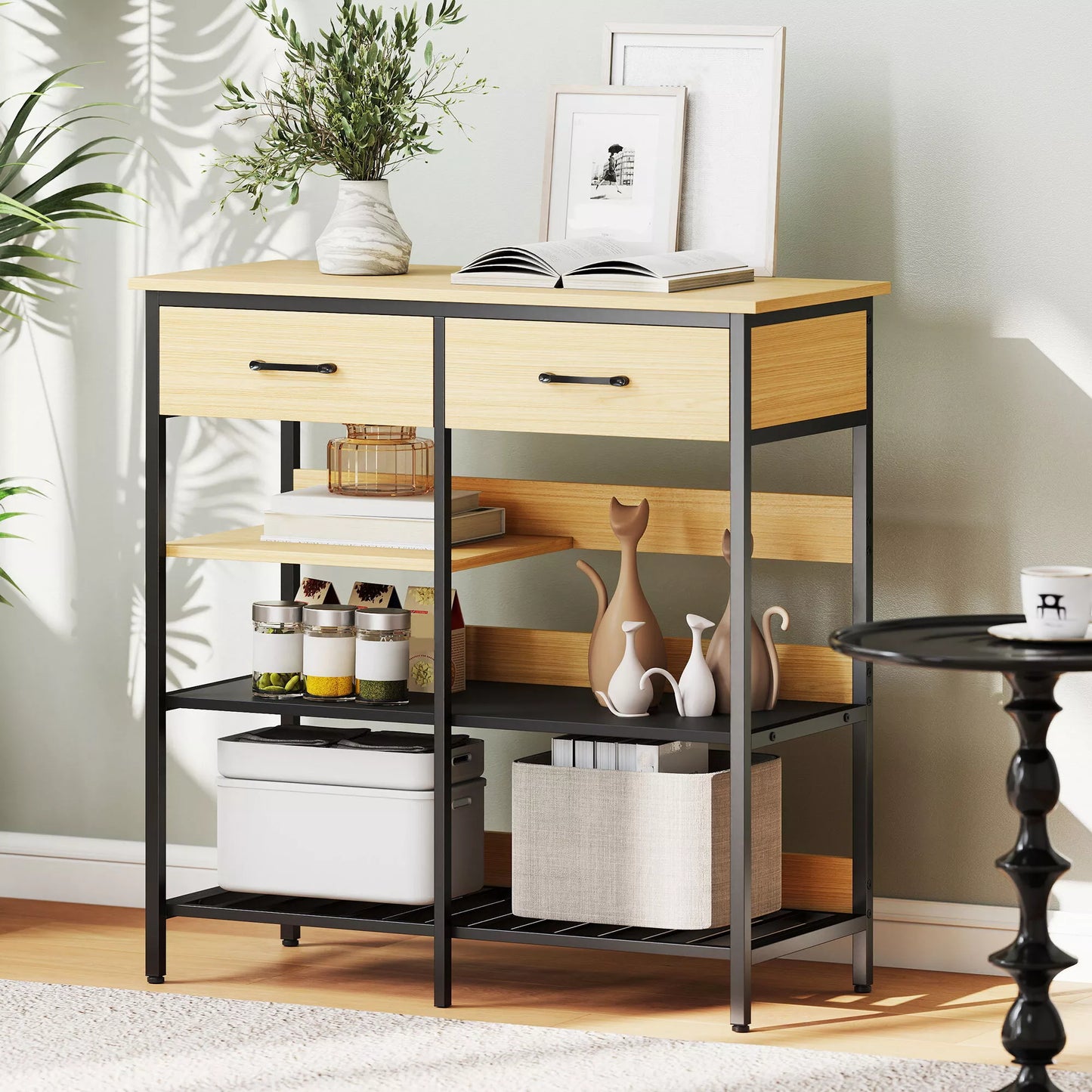 Bufetas, komoda su 2 stalčiais, 3 atviromis lentynomis Virtuvės spintelė virtuvėms, svetainėms 90 x 40 x 91 cm, natūralus medis