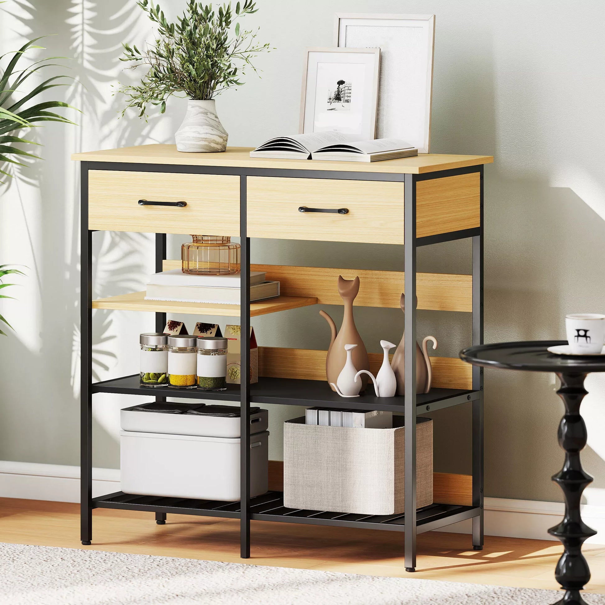 Bufetas, komoda su 2 stalčiais, 3 atviromis lentynomis Virtuvės spintelė virtuvėms, svetainėms 90 x 40 x 91 cm, natūralus medis