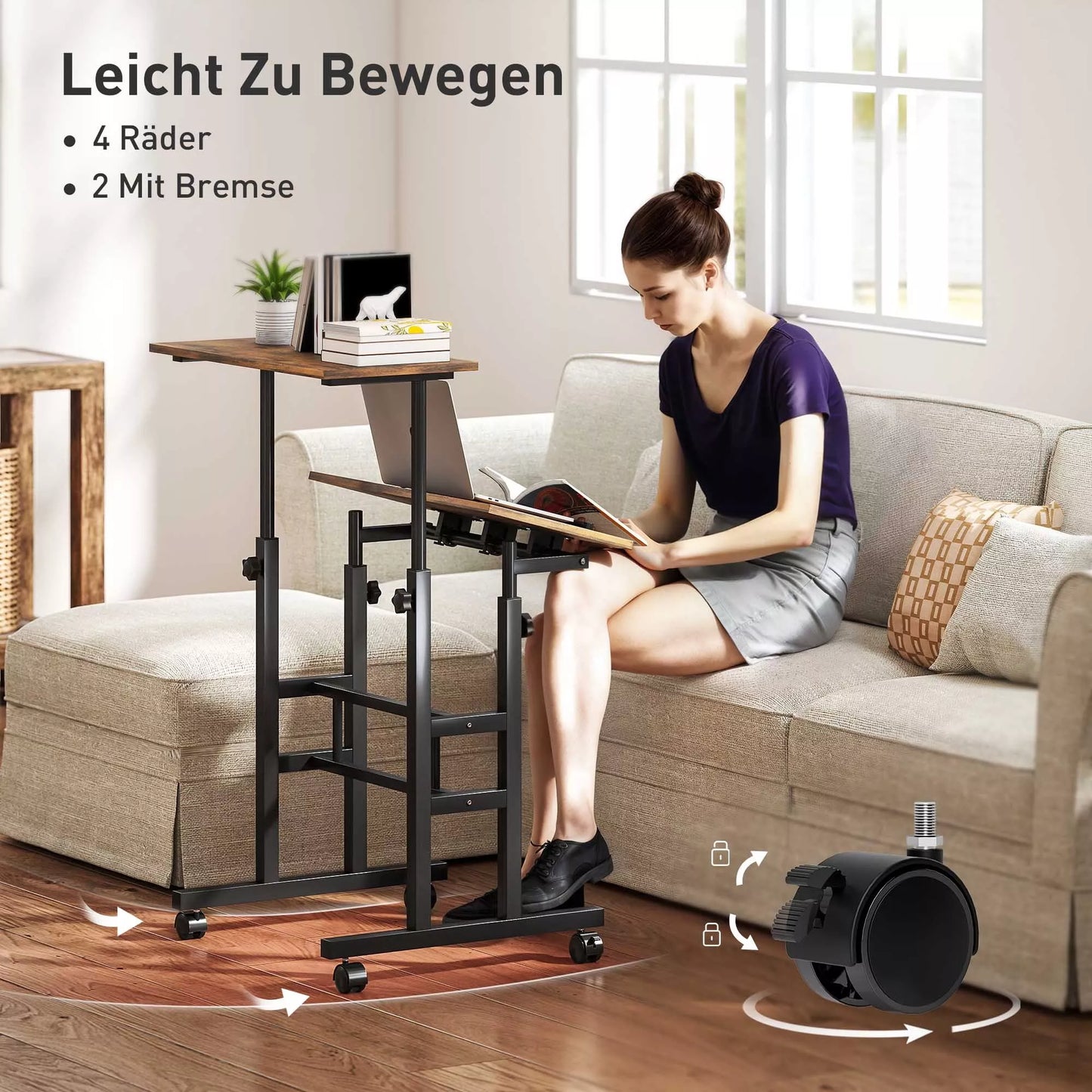 Rašomasis stalas Reguliuojamo aukščio virtuvės stalas su lentynomis, ratukais, kompiuterio stalas Rustikalinis Rudi 60 x 60 x 70,5-120 cm