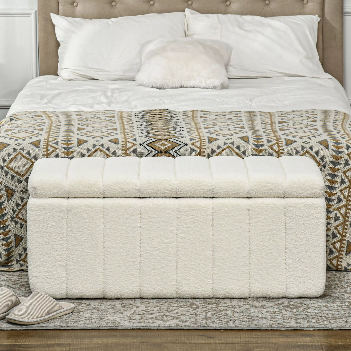 HOMCOM Minkštasuolis su laikymo vieta, atlaiko iki 120kg, 102x45x46cm, kreminės baltos spalvos