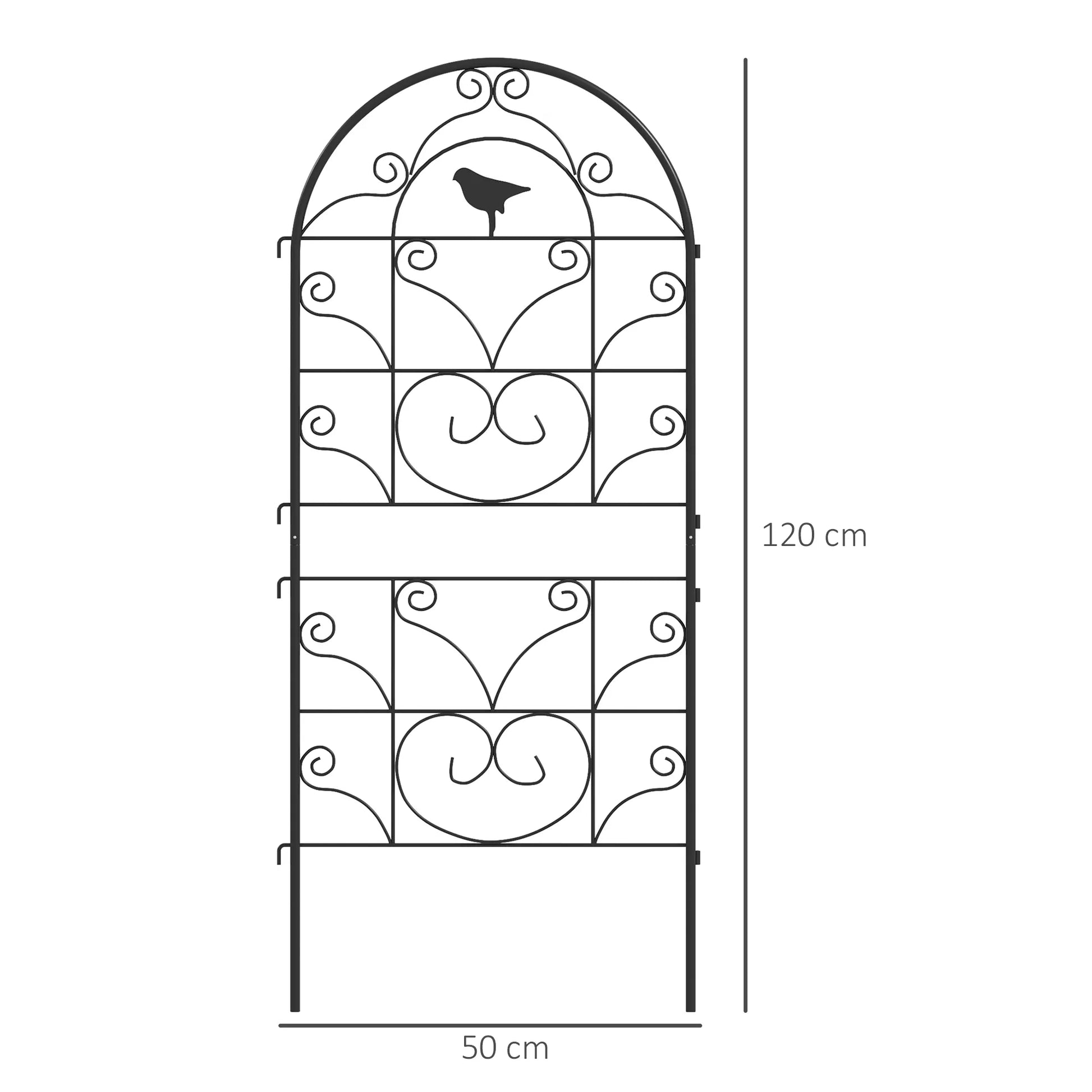 Metalinis 2 vnt. rinkinys, skirtas įsmeigti, nerūdijantis, su paukščių motyvu, skirtas vijoklinėms augalams, 50x120 cm, juodas